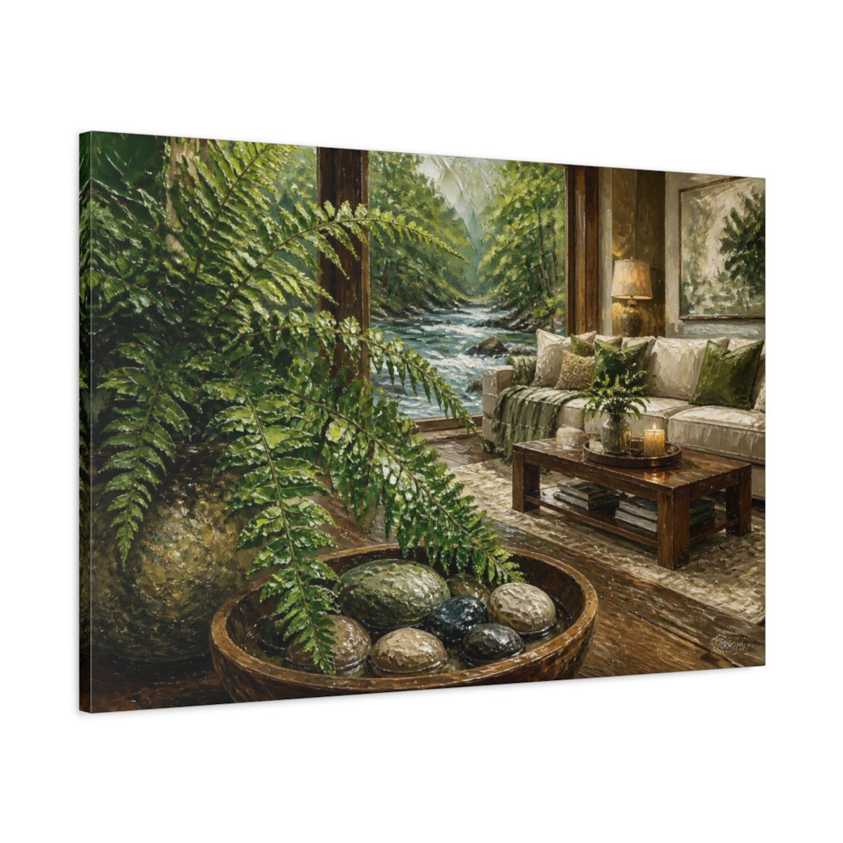 Main Mockup. Living Room Fern River View shown as canvas print