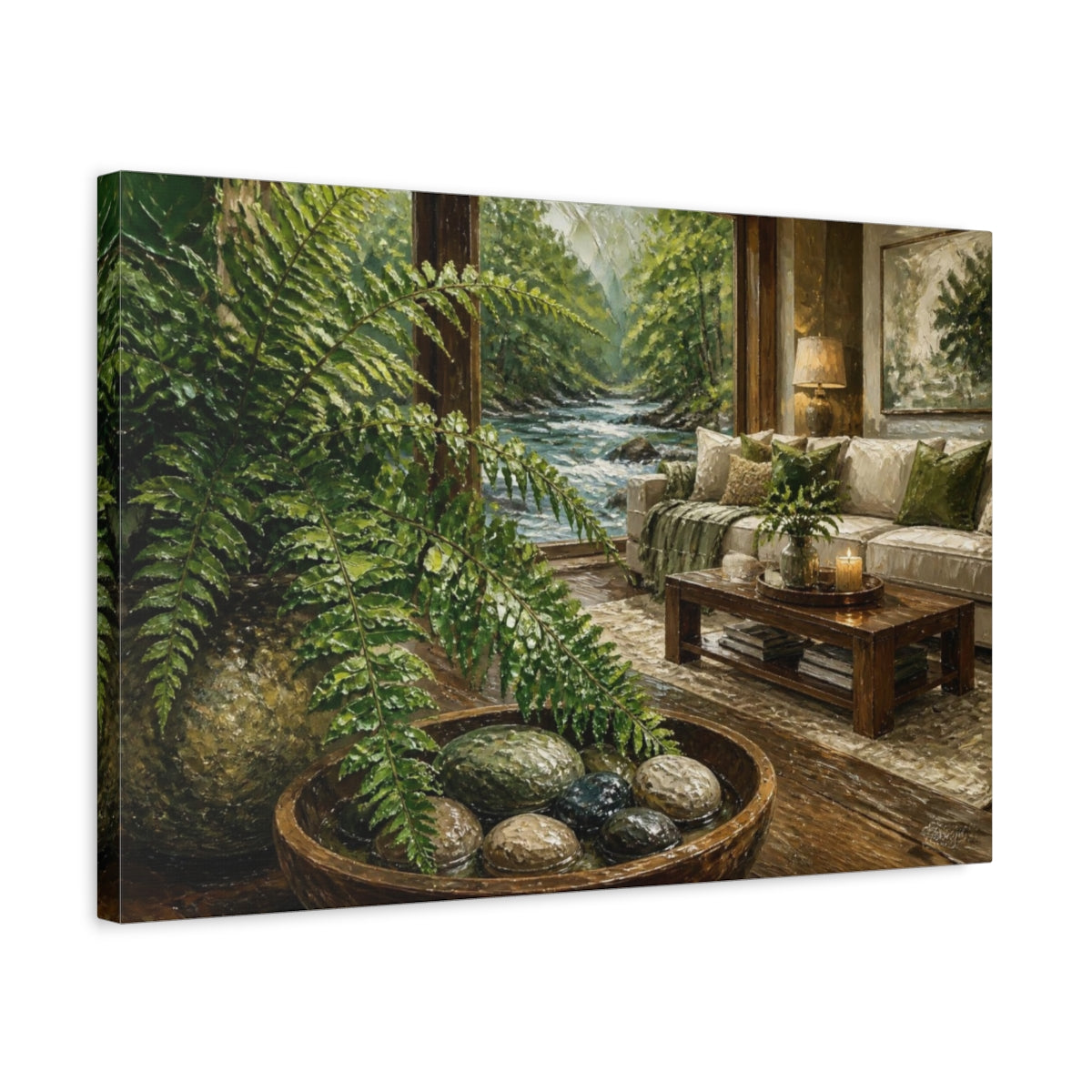 Side Mockup 3. Living Room Fern River View shown as canvas print