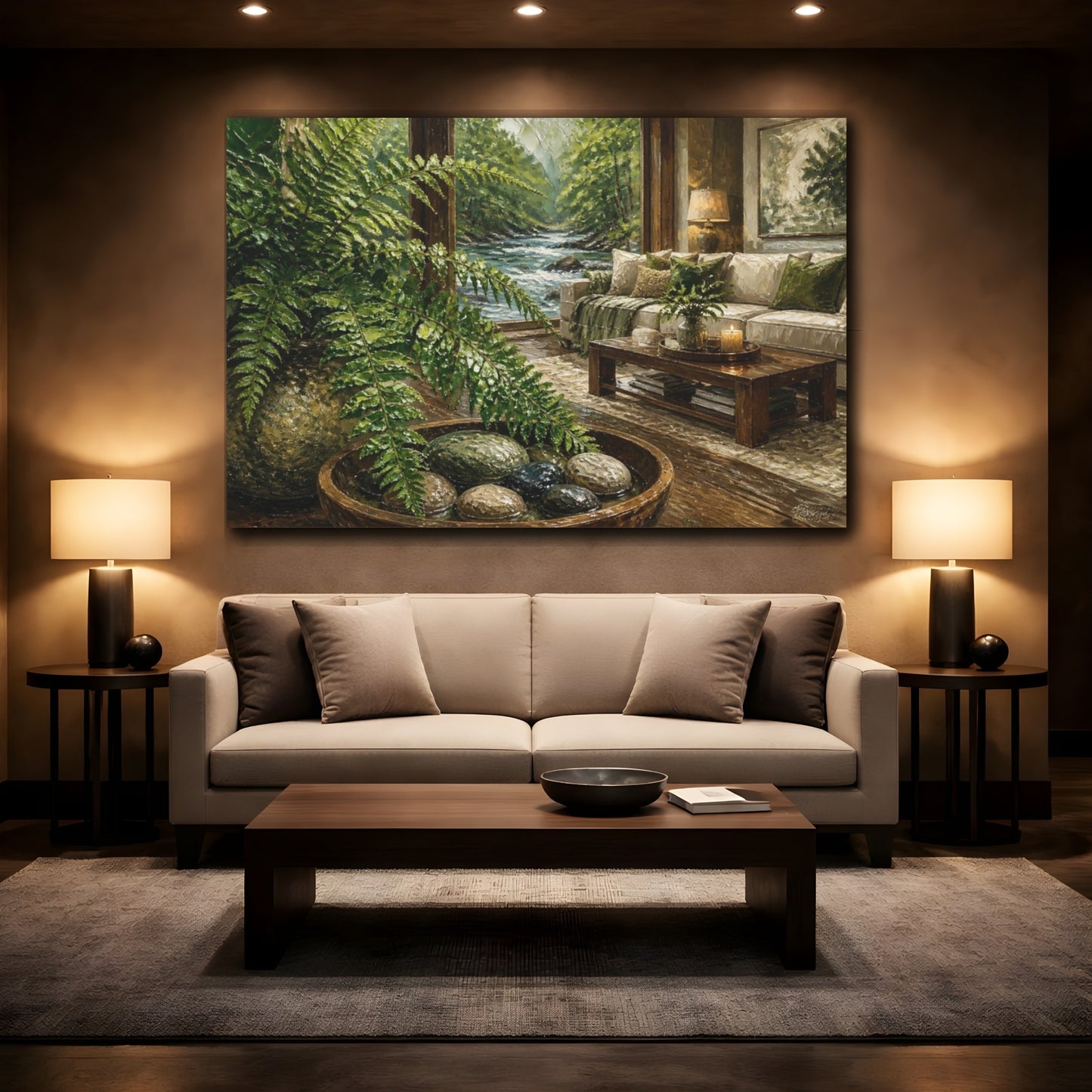 Mockup 2. Living Room Fern River View shown as canvas print