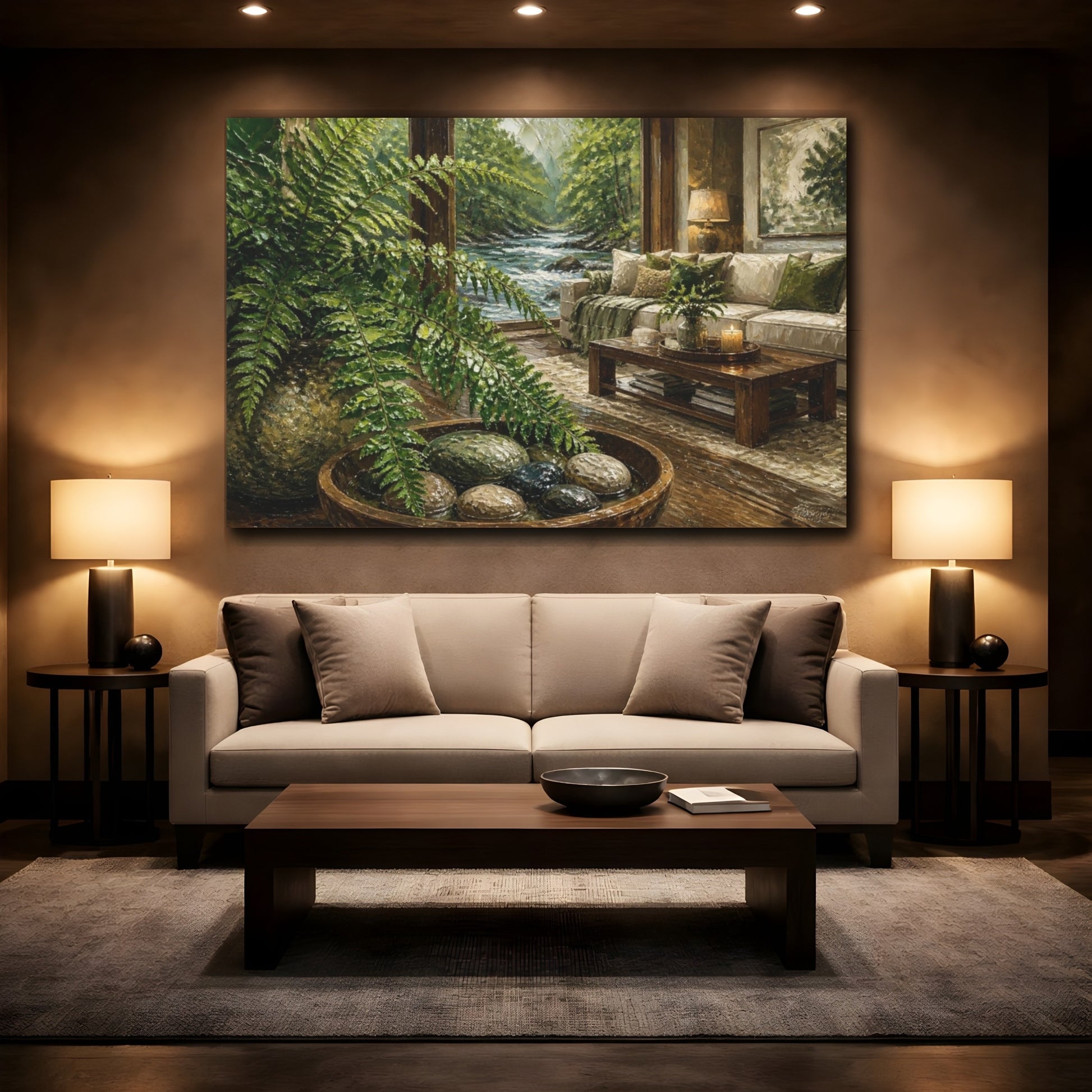 Mockup 2. Living Room Fern River View shown as canvas print