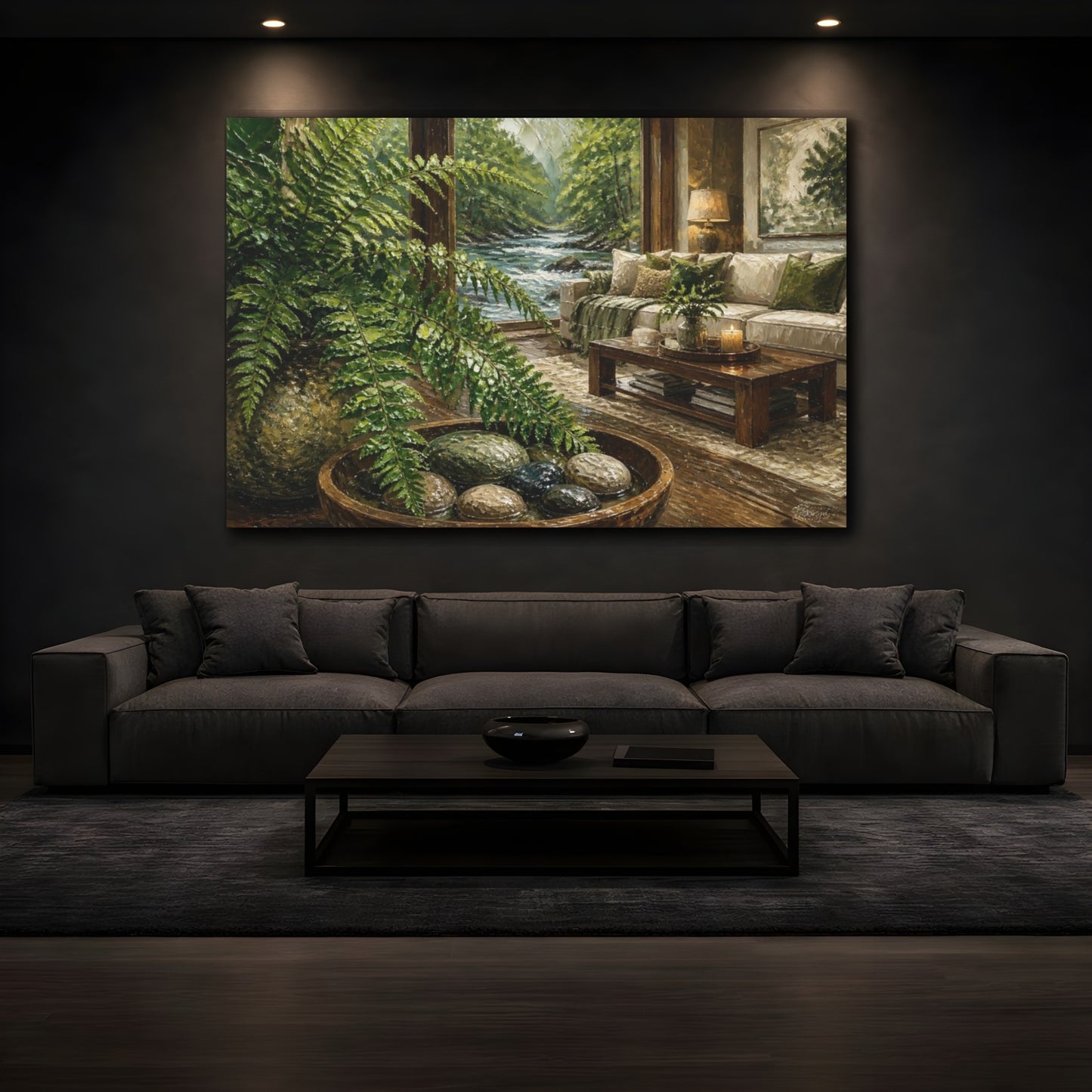 Mockup 3. Living Room Fern River View shown as canvas print