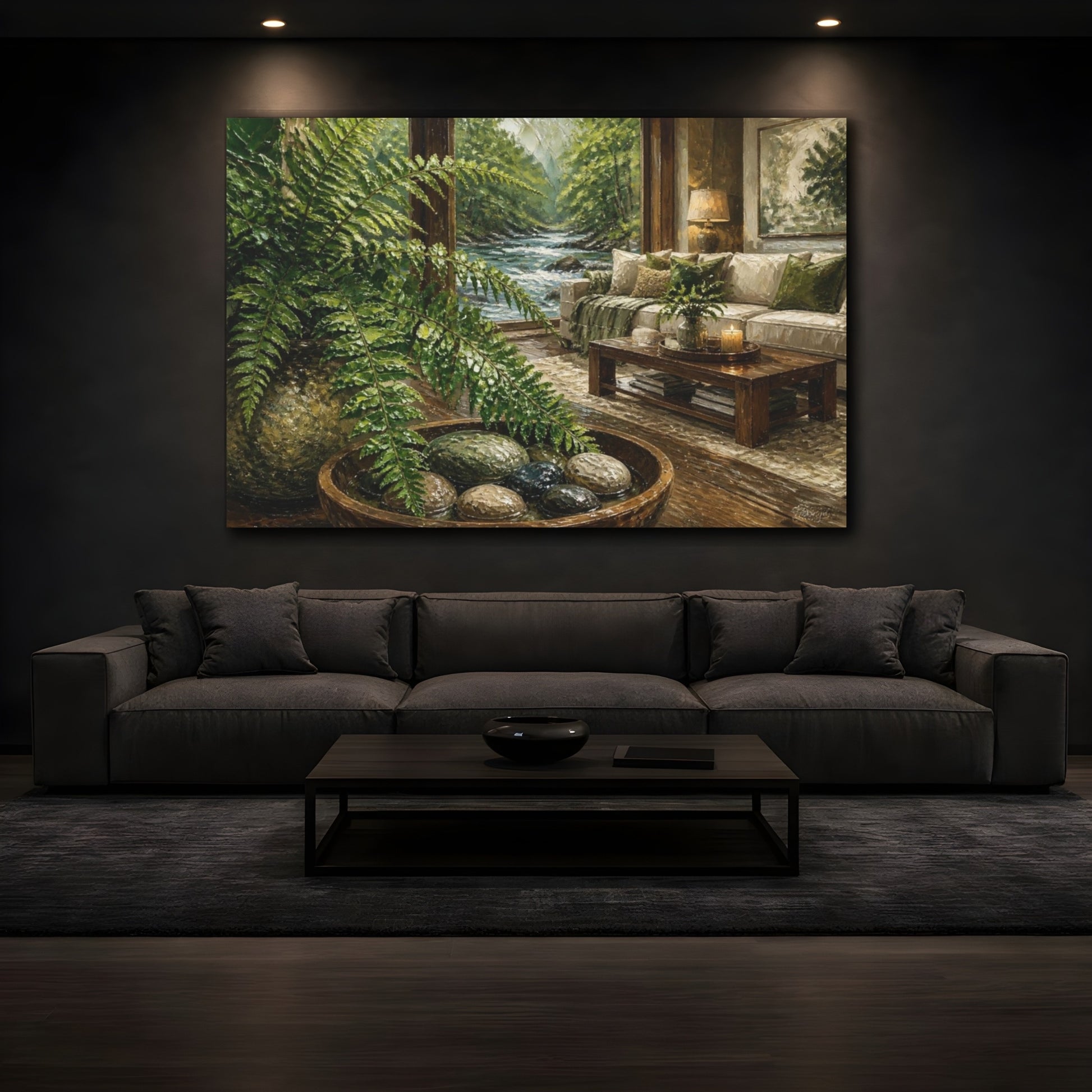 Mockup 3. Living Room Fern River View shown as canvas print