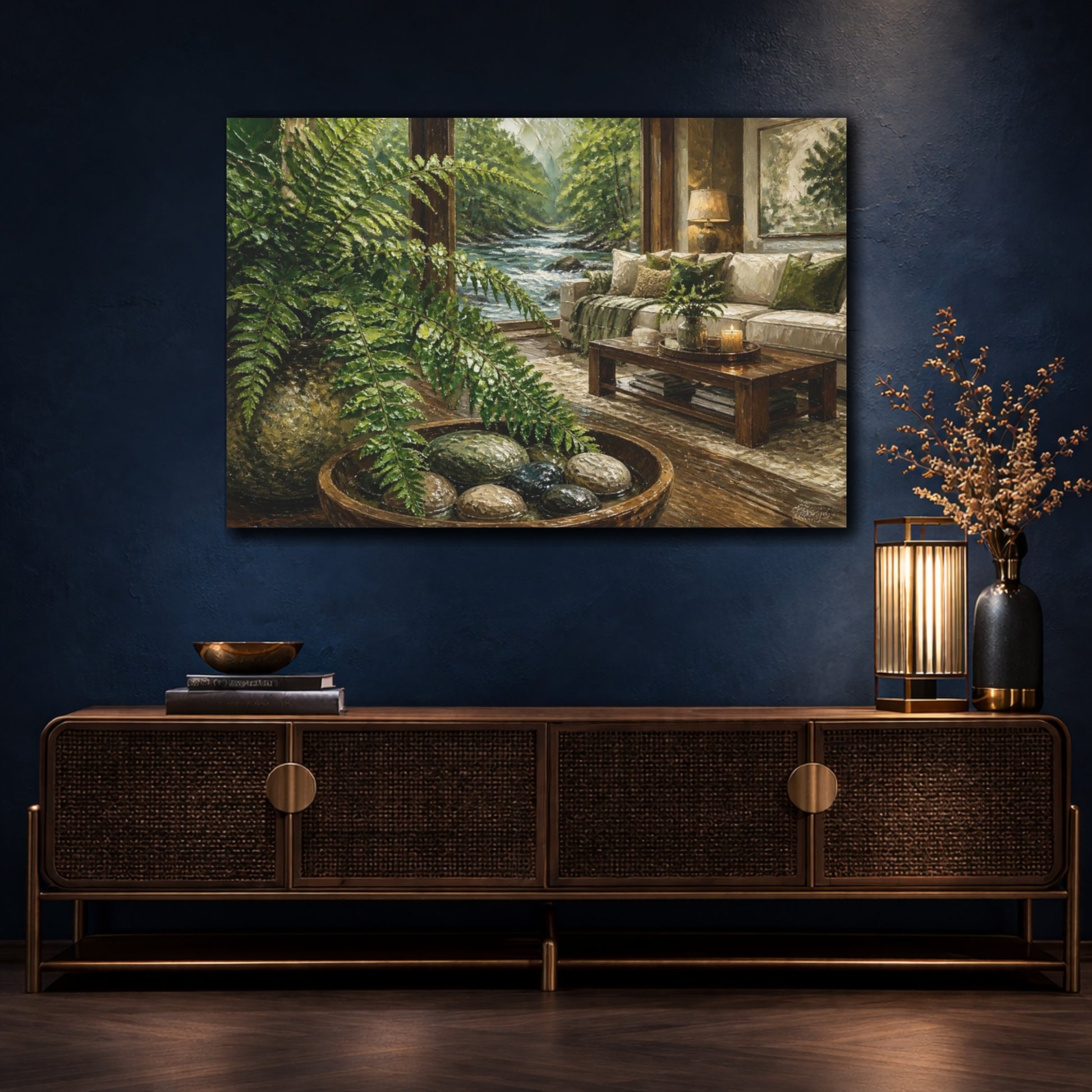 Mockup 4. Living Room Fern River View shown as canvas print