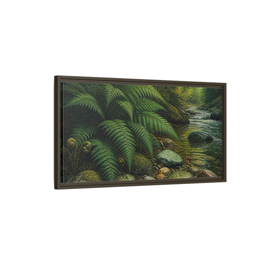 Living Room Fern Stream Framed Canvas Print – Above Console Table, Emerald Green - YesArtYes
