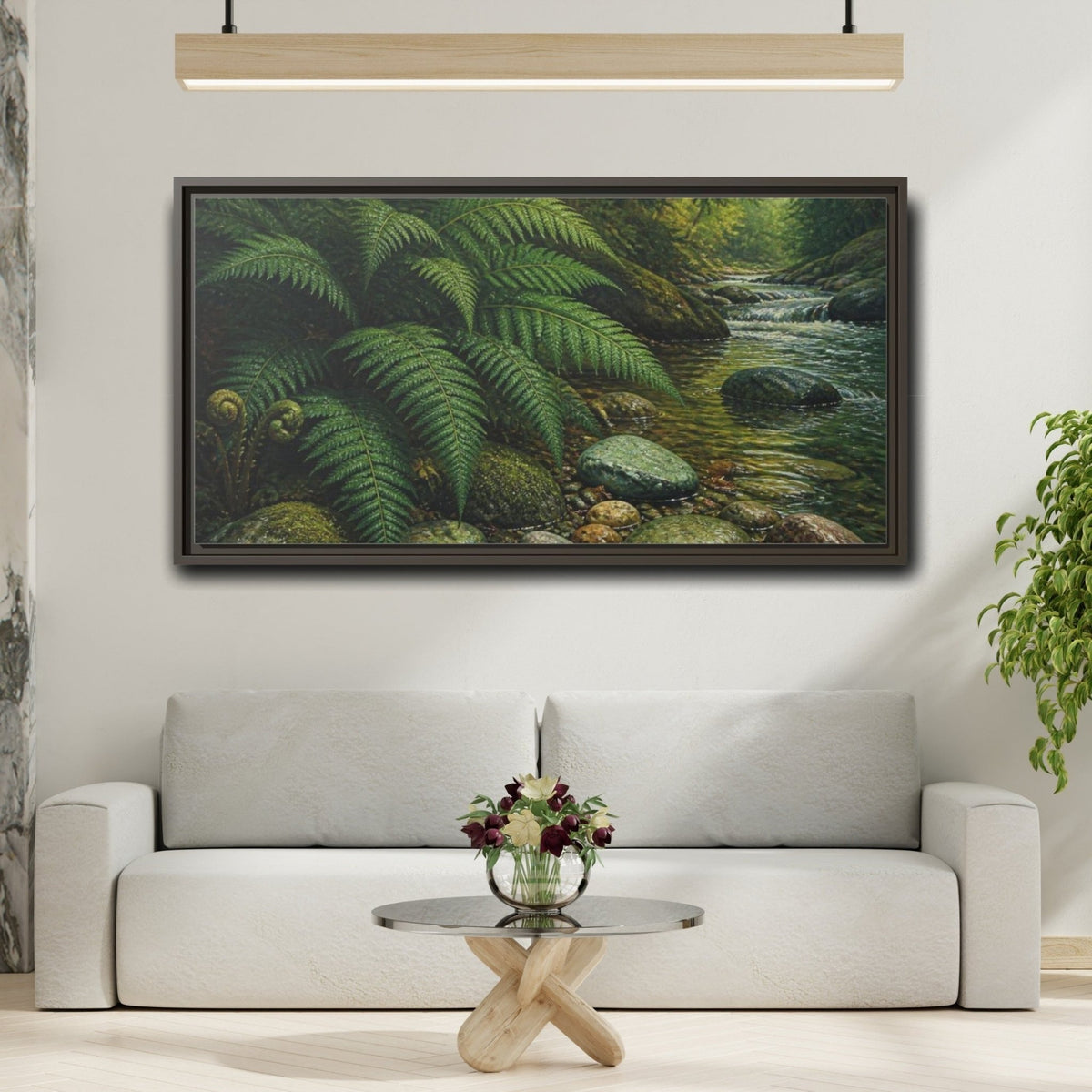 Living Room Fern Stream Framed Canvas Print – Above Console Table, Emerald Green - YesArtYes
