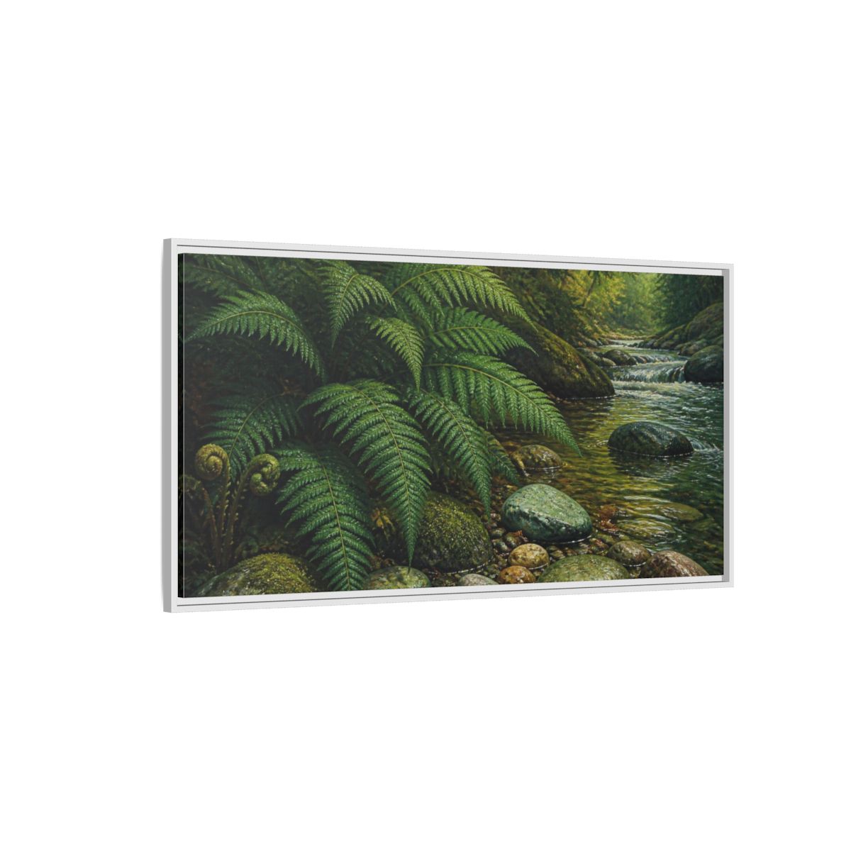 Side Mockup 3. Living Room Fern Stream shown as framed canvas print