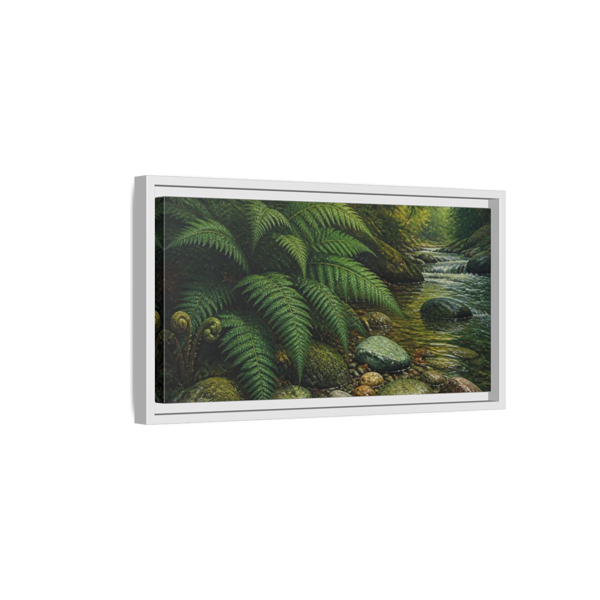 Side Mockup 6. Living Room Fern Stream shown as framed canvas print