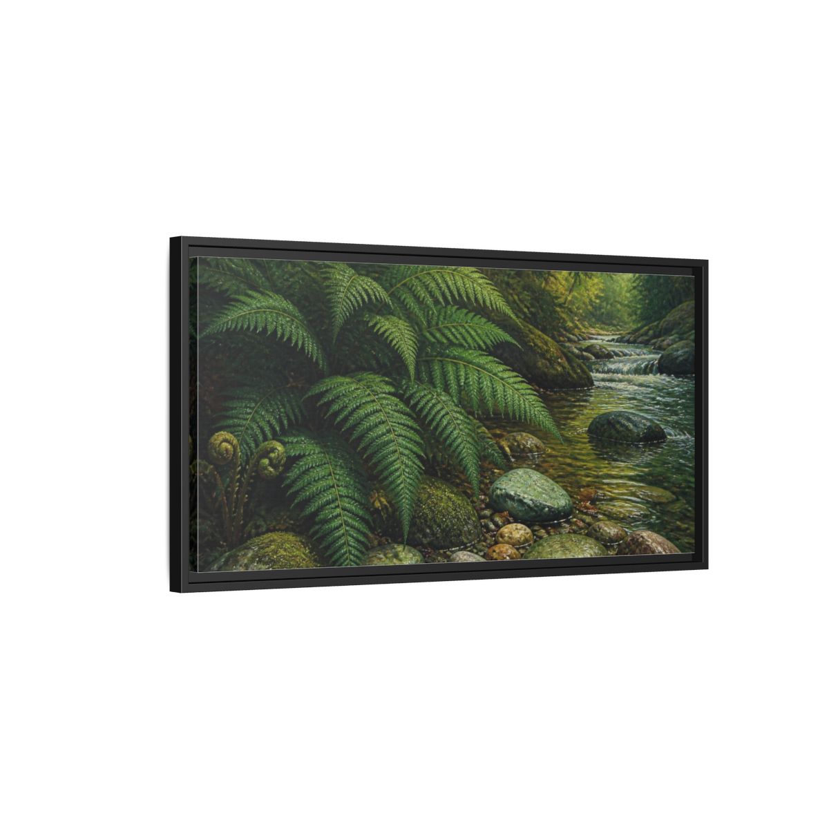 Side Mockup 2. Living Room Fern Stream shown as framed canvas print