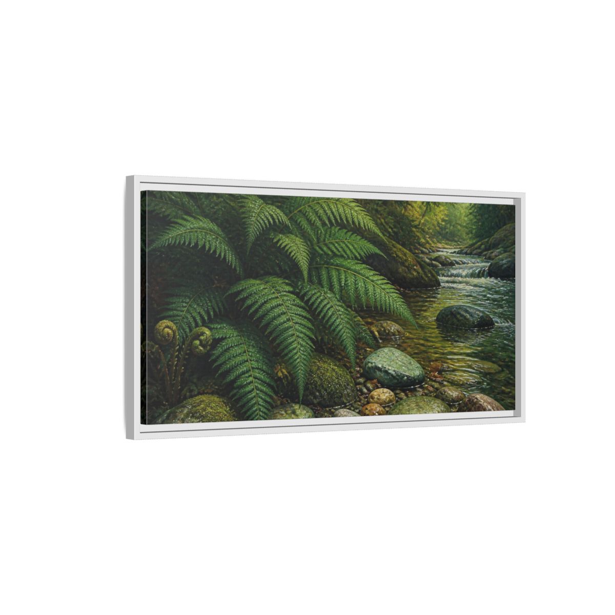 Side Mockup 1. Living Room Fern Stream shown as framed canvas print