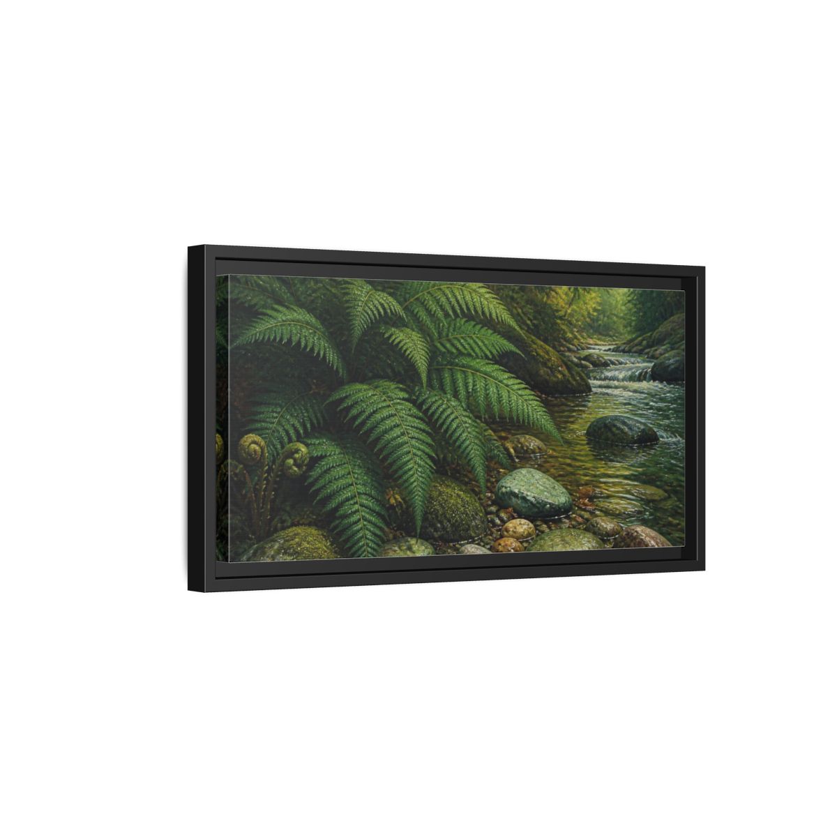 Side Mockup 8. Living Room Fern Stream shown as framed canvas print