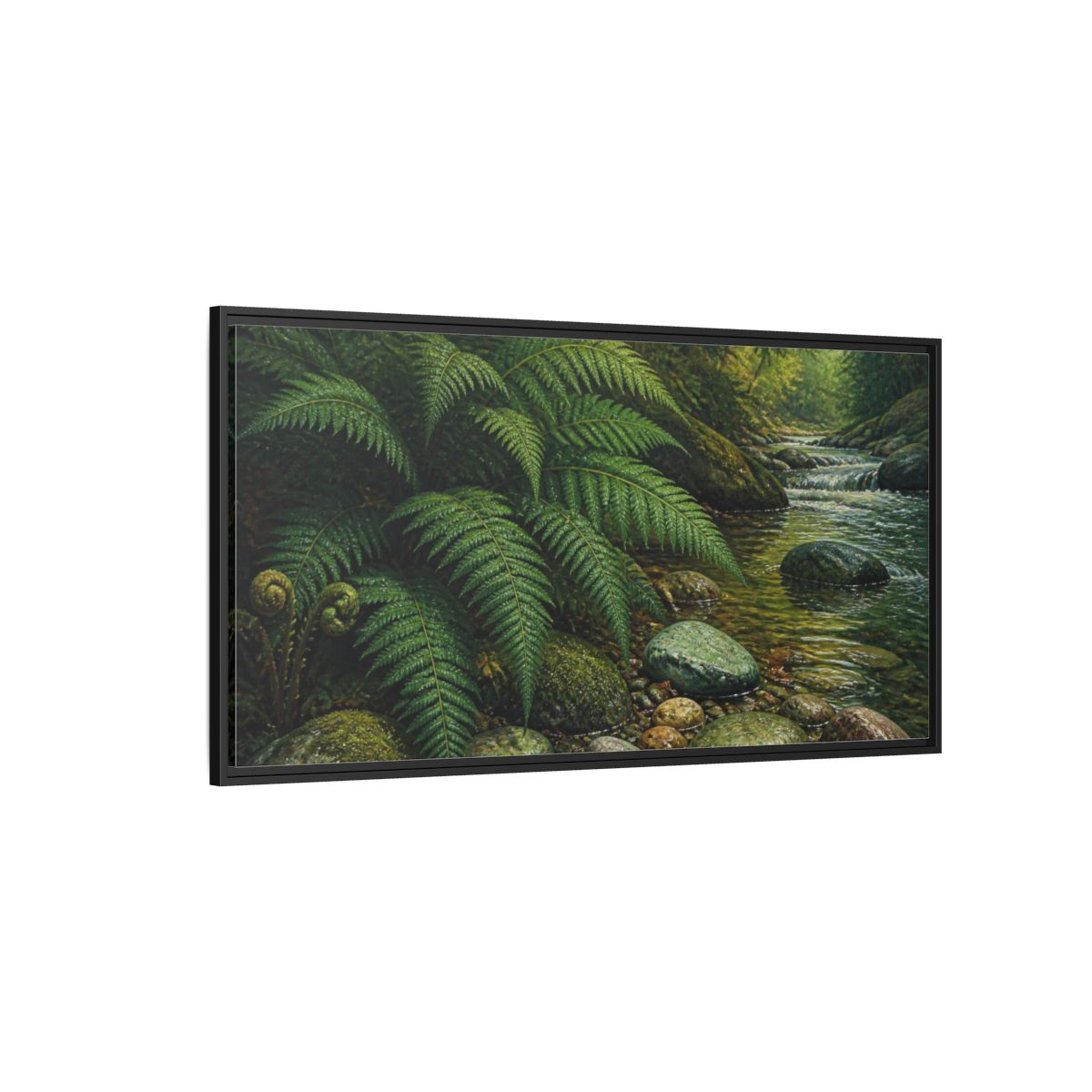 Side Mockup 5. Living Room Fern Stream shown as framed canvas print
