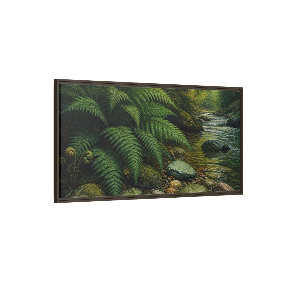 Side Mockup 4. Living Room Fern Stream shown as framed canvas print