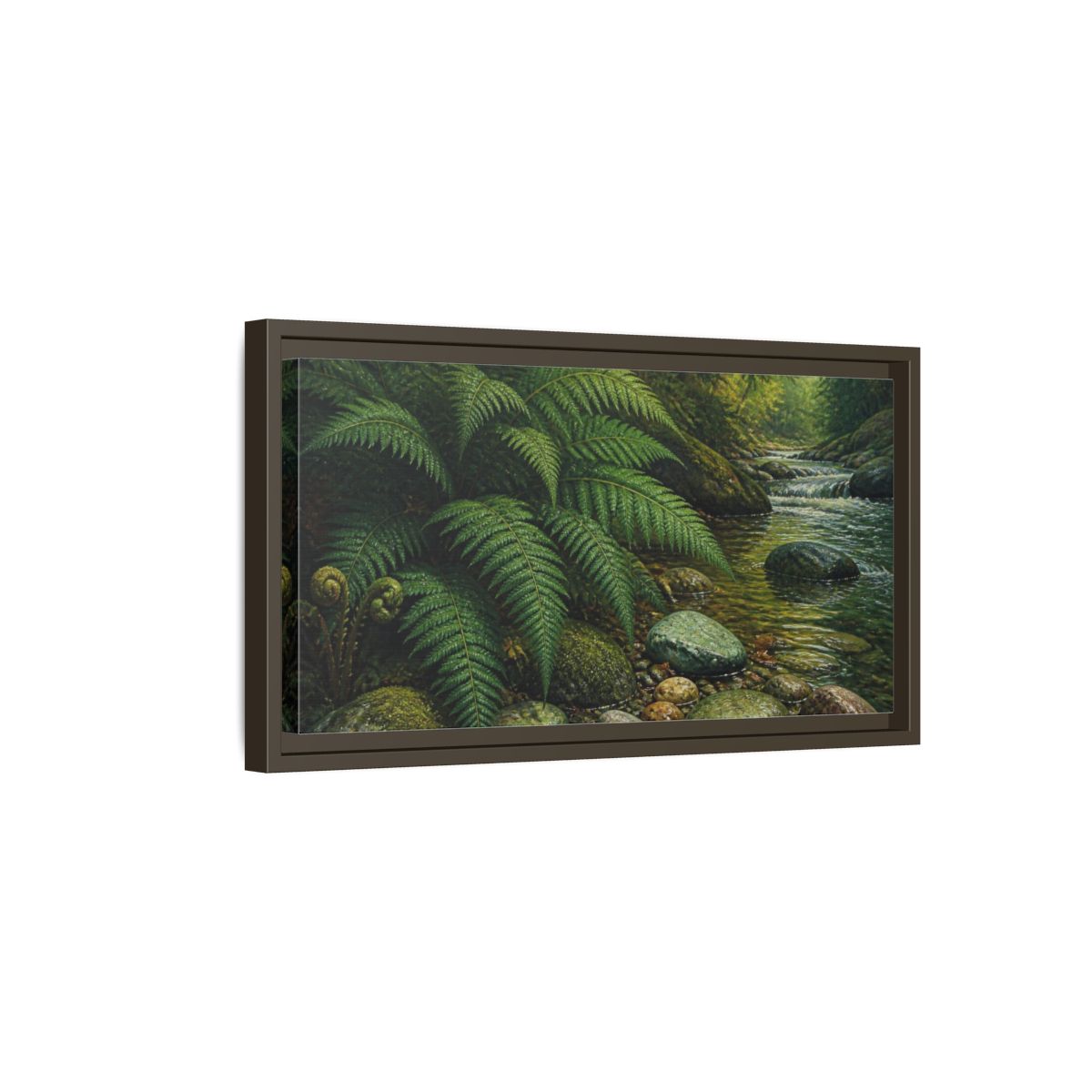 Side Mockup 7. Living Room Fern Stream shown as framed canvas print