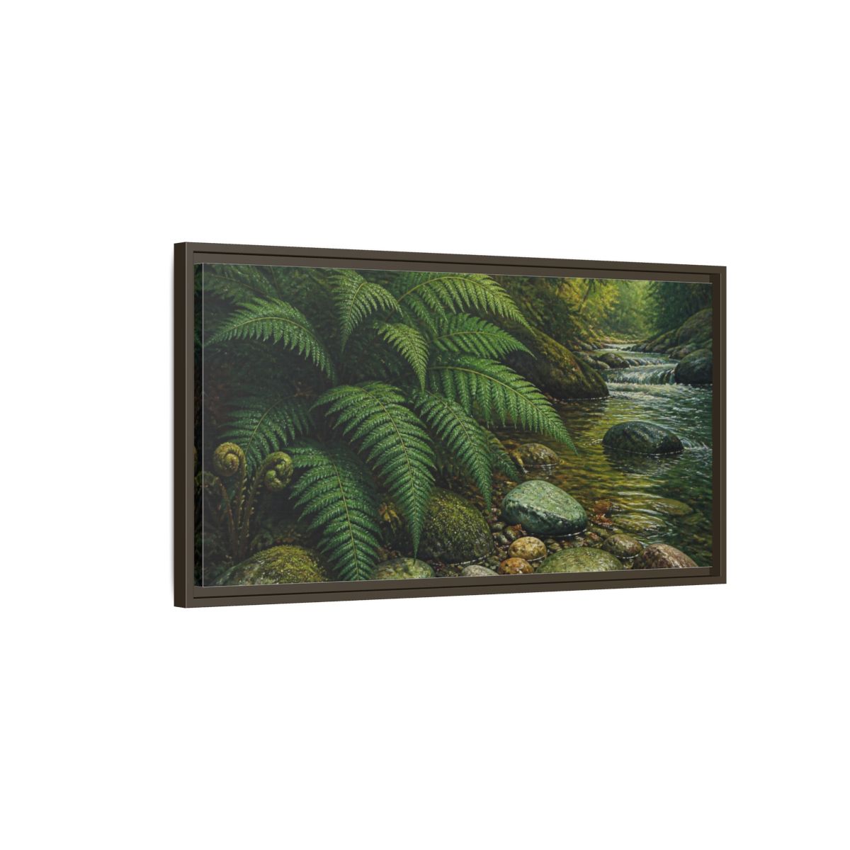 Main Mockup. Living Room Fern Stream shown as framed canvas print
