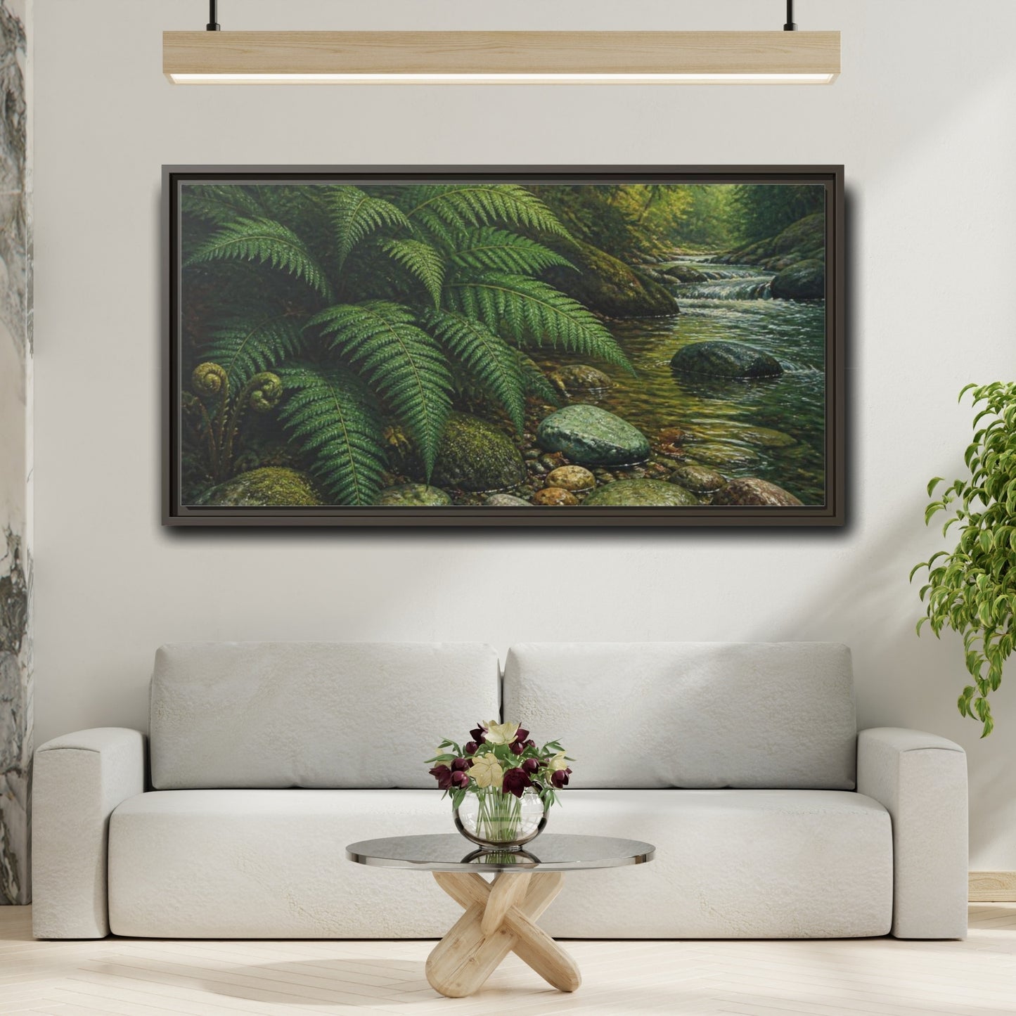 Mockup 2. Living Room Fern Stream shown as framed canvas print