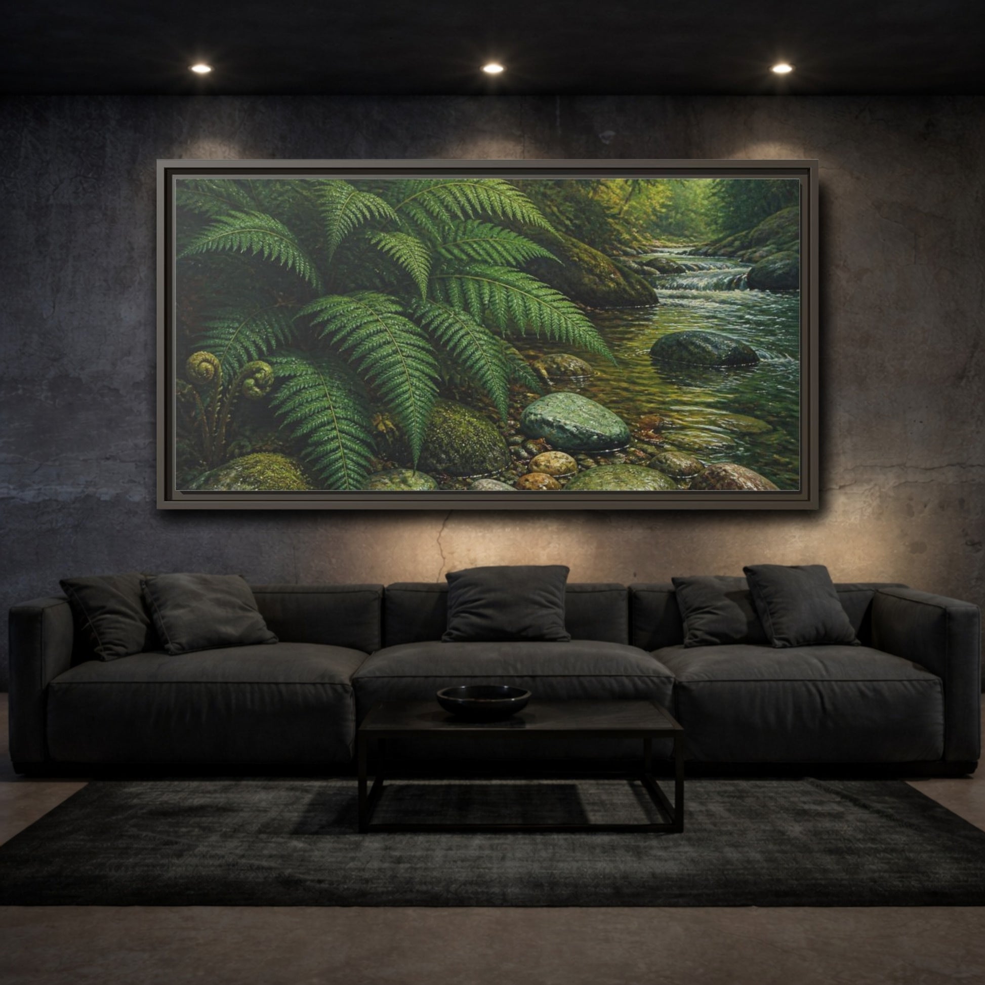 Mockup 3. Living Room Fern Stream shown as framed canvas print