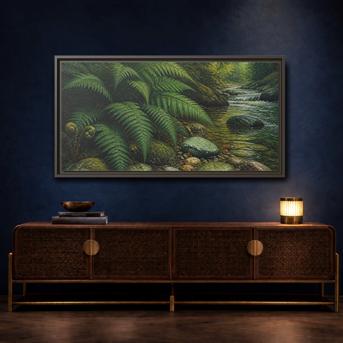 Mockup 4. Living Room Fern Stream shown as framed canvas print