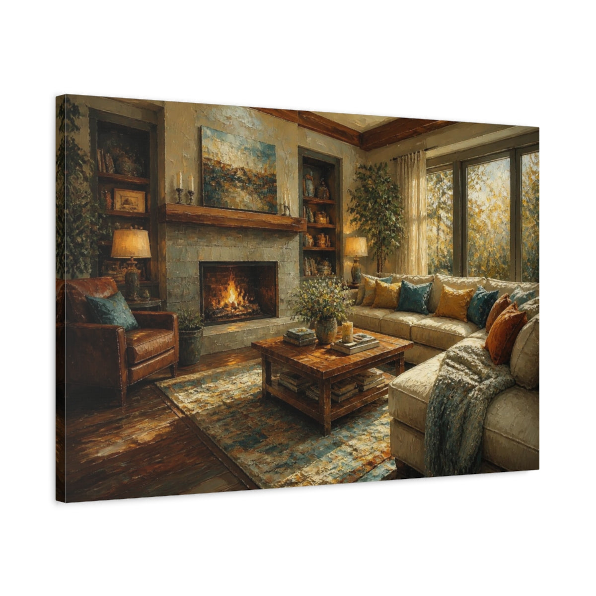 Side Mockup 2. Living Room Fireplace shown as canvas print