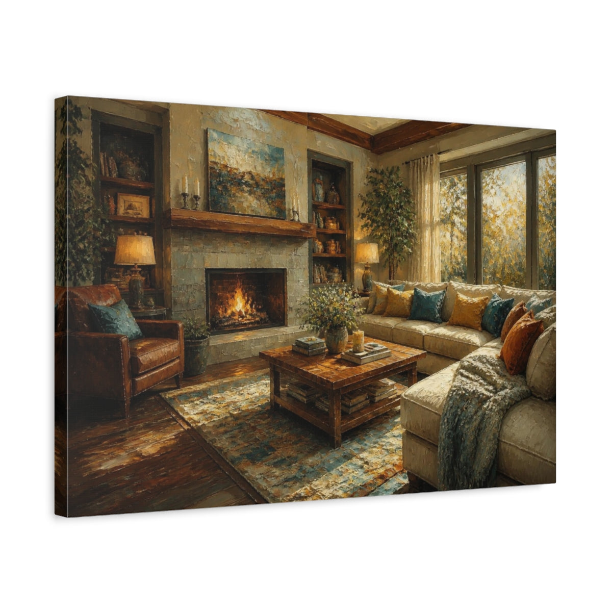 Side Mockup 3. Living Room Fireplace shown as canvas print