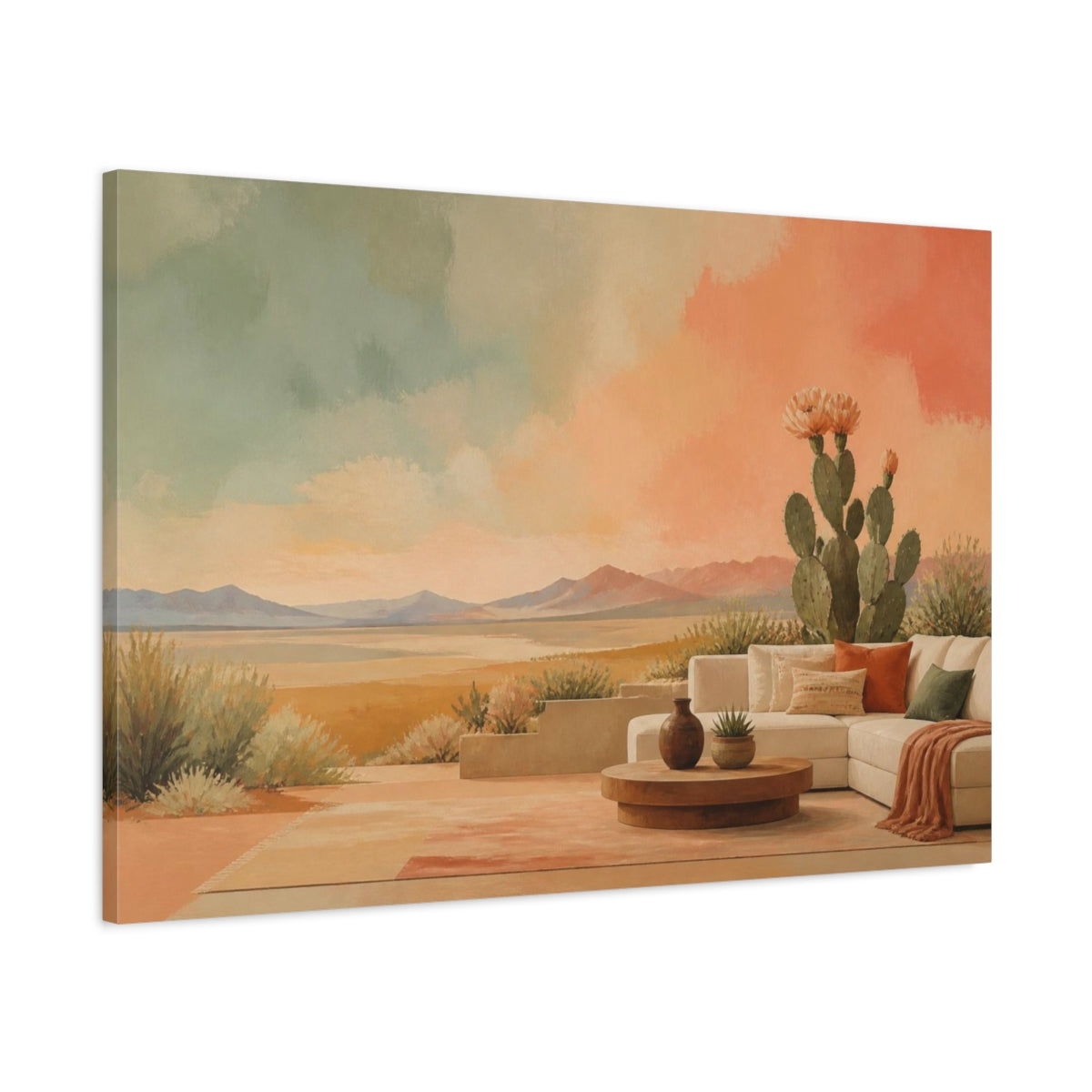 Main Mockup. Living Room Flowering Cactus shown as canvas print
