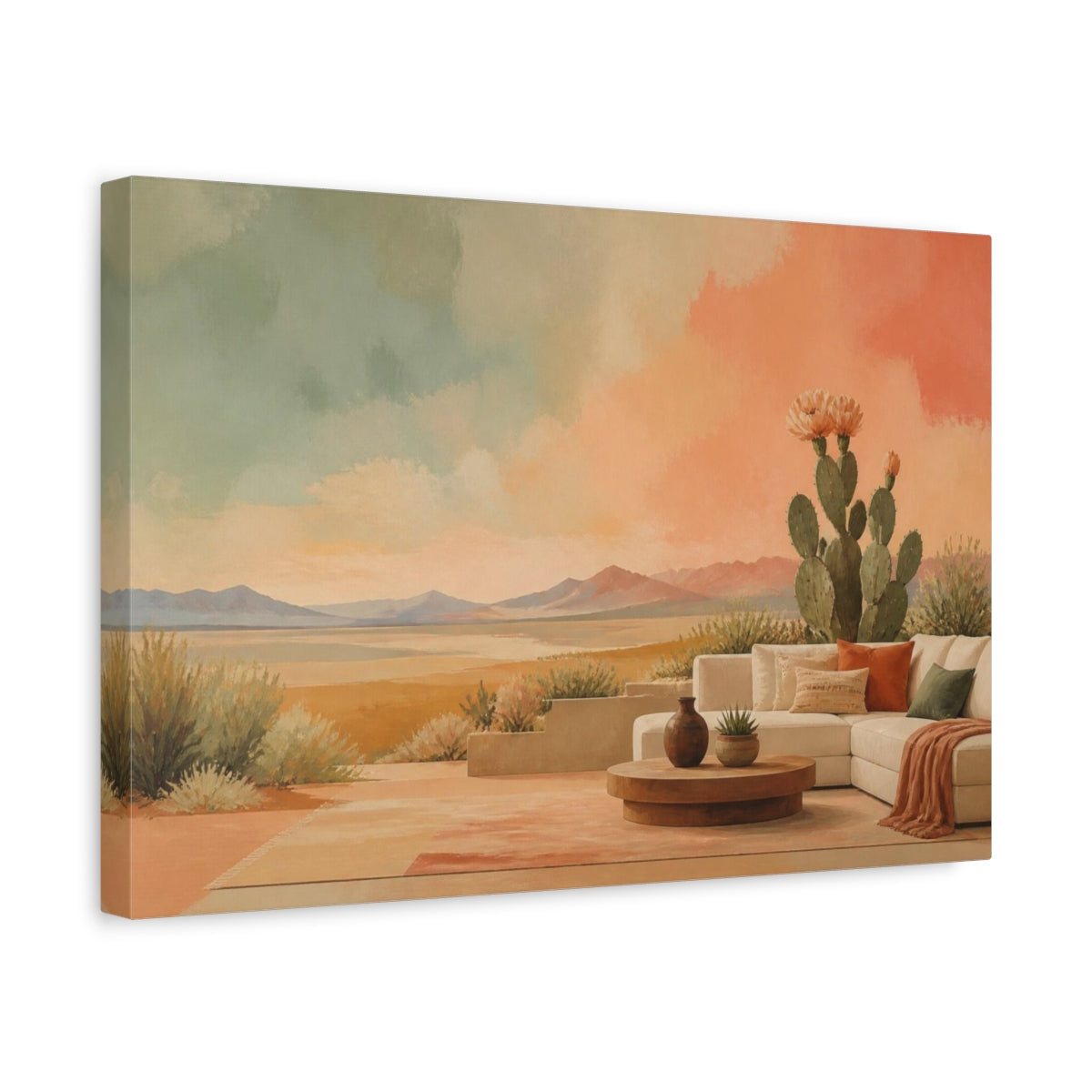 Side Mockup 4. Living Room Flowering Cactus shown as canvas print
