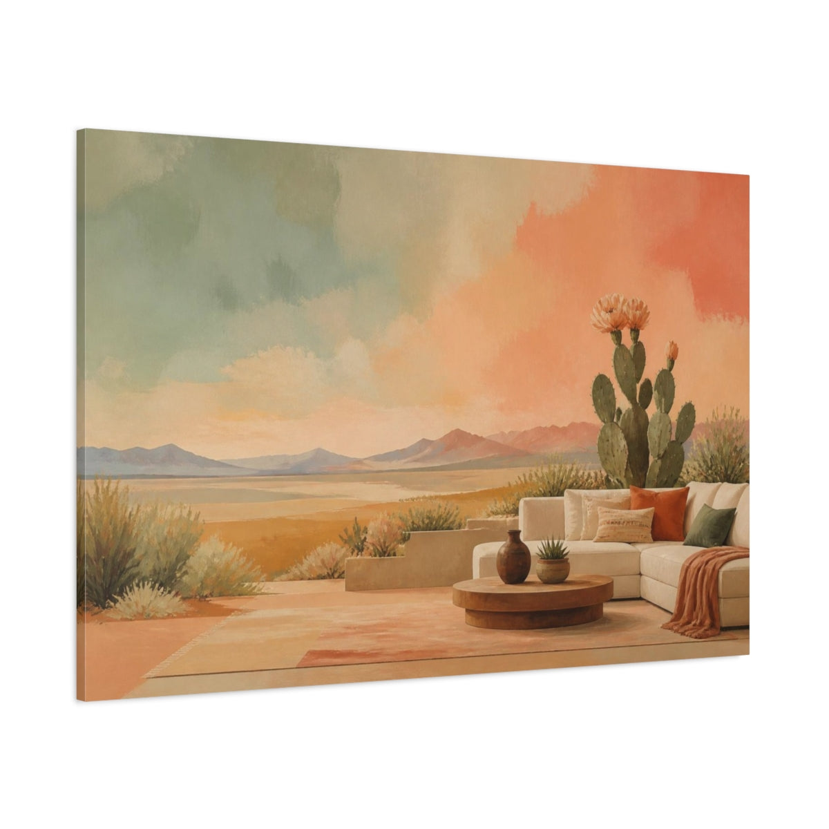 Side Mockup 1. Living Room Flowering Cactus shown as canvas print