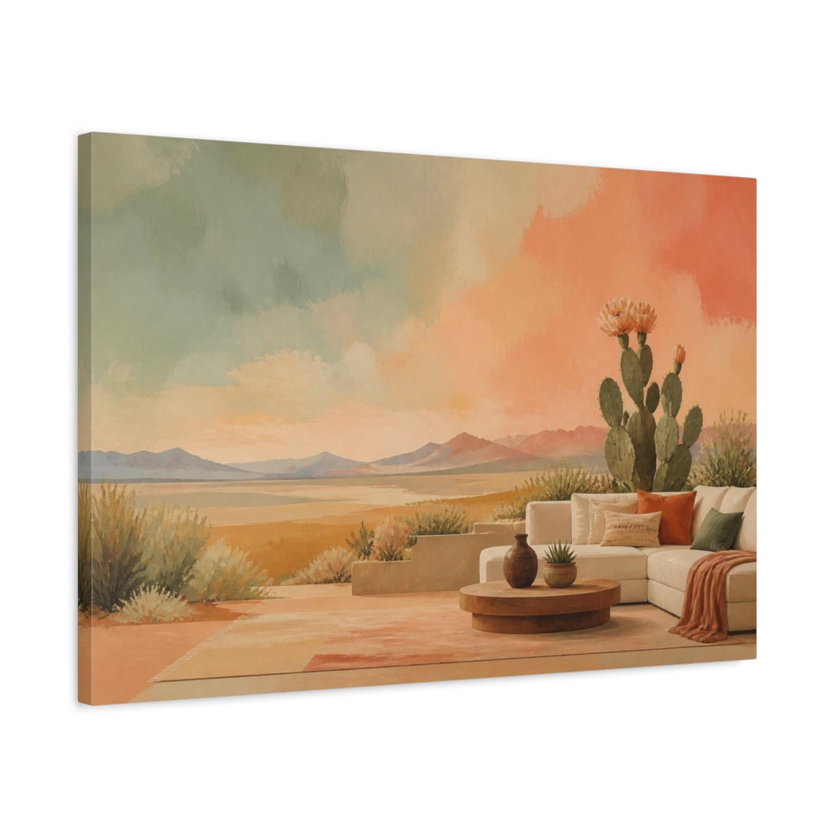 Side Mockup 2. Living Room Flowering Cactus shown as canvas print