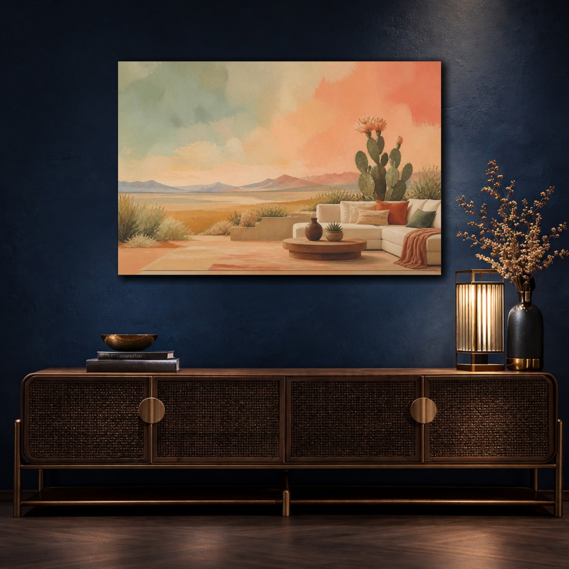 Mockup 4. Living Room Flowering Cactus shown as canvas print