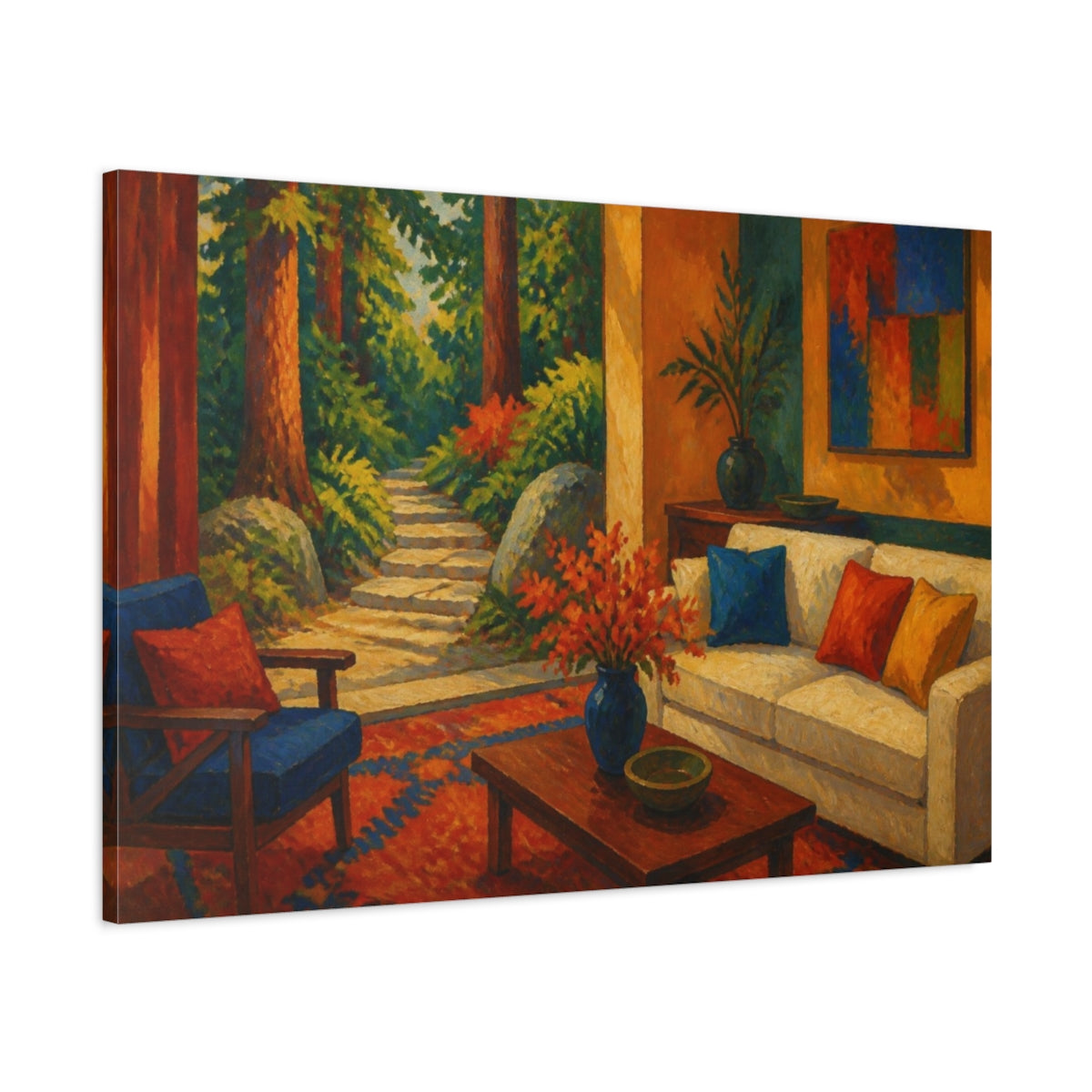 Main Mockup. Living Room Forest Path shown as canvas print