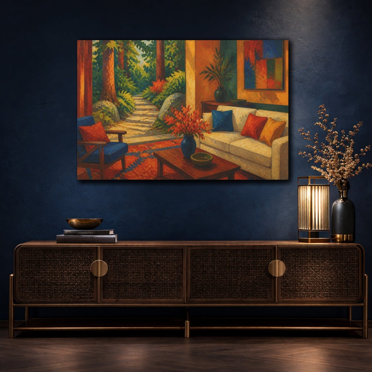 Living Room Forest Path Canvas Print – Above Couch, Red-Orange And Teal - YesArtYes