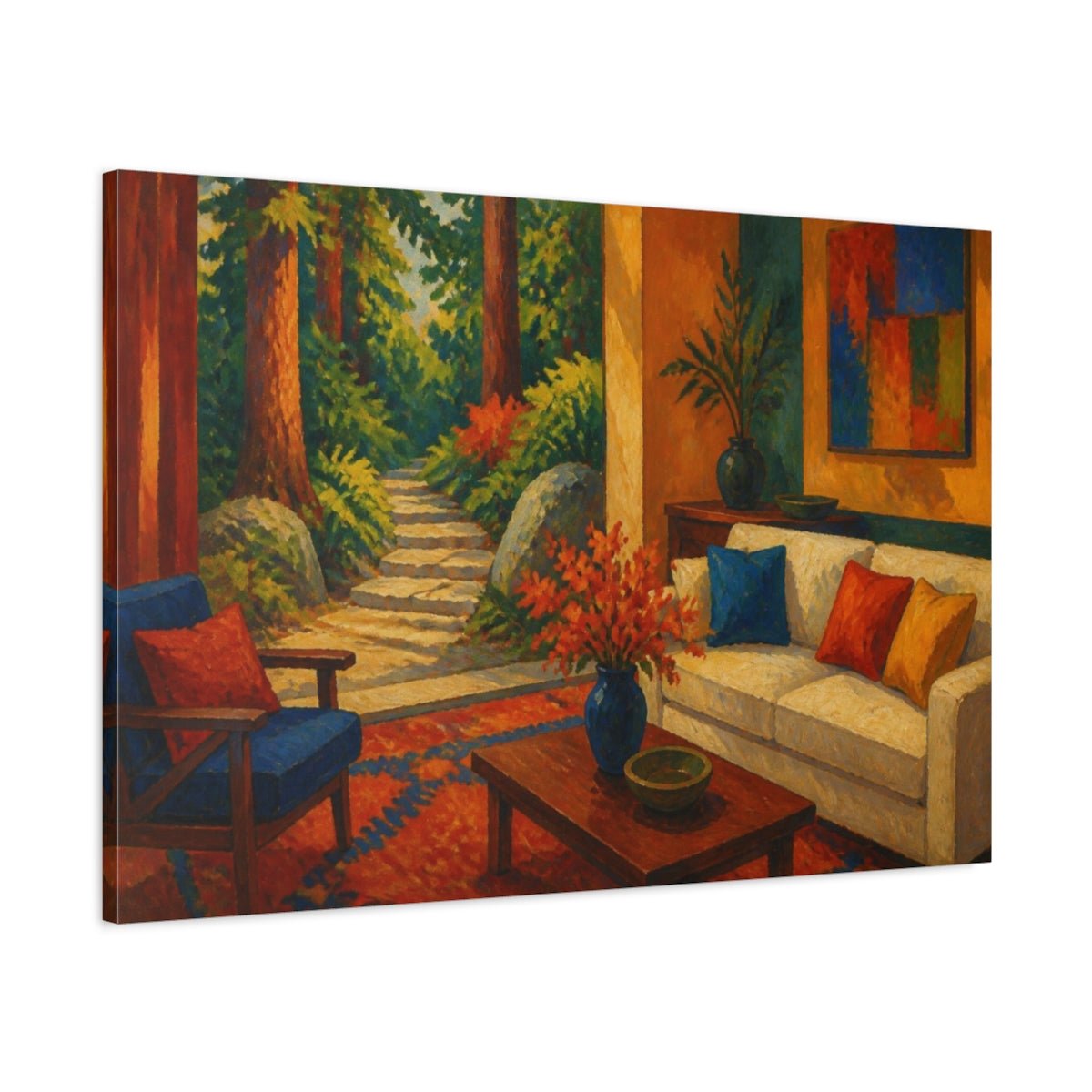 Living Room Forest Path Canvas Print – Above Couch, Red-Orange And Teal - YesArtYes