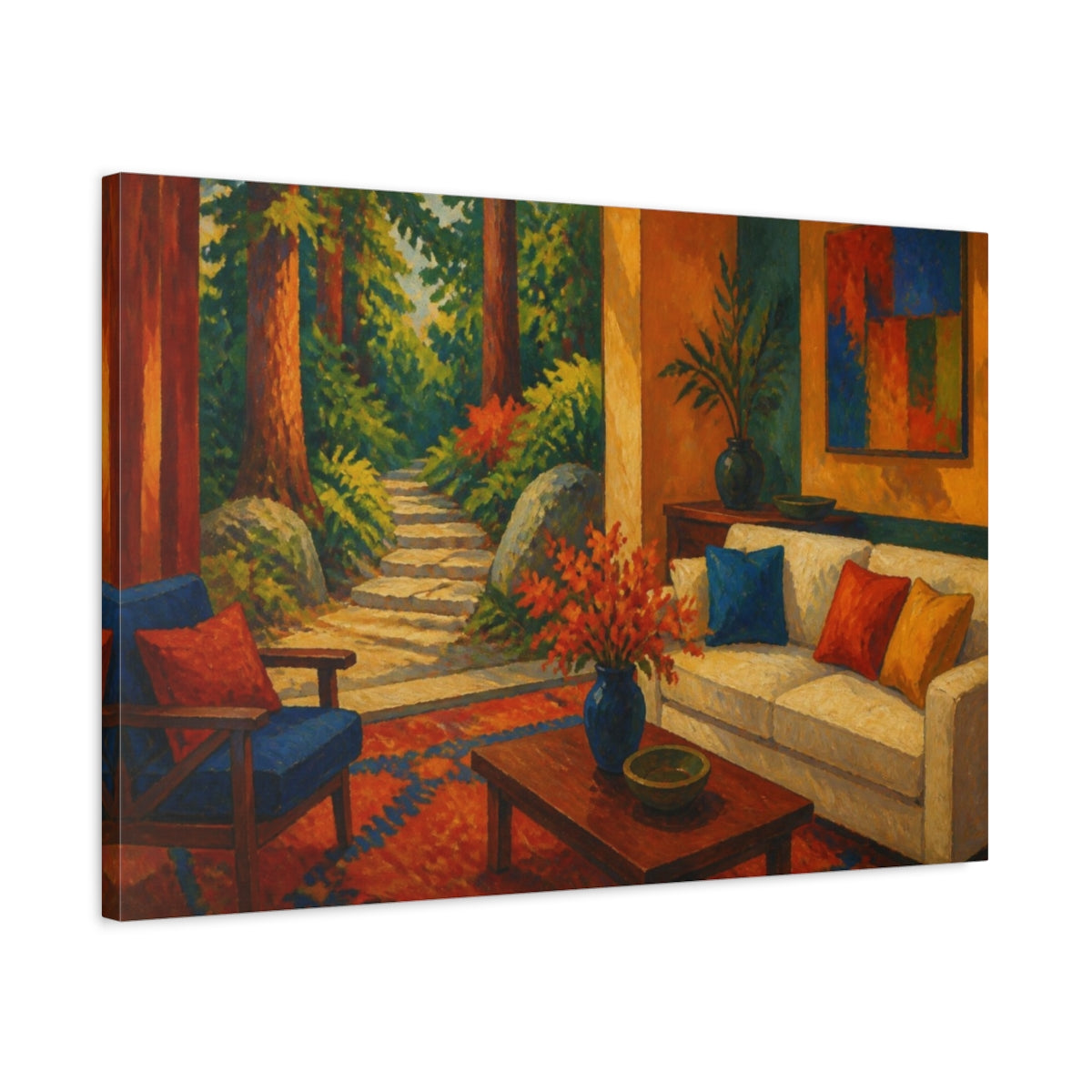 Side Mockup 2. Living Room Forest Path shown as canvas print