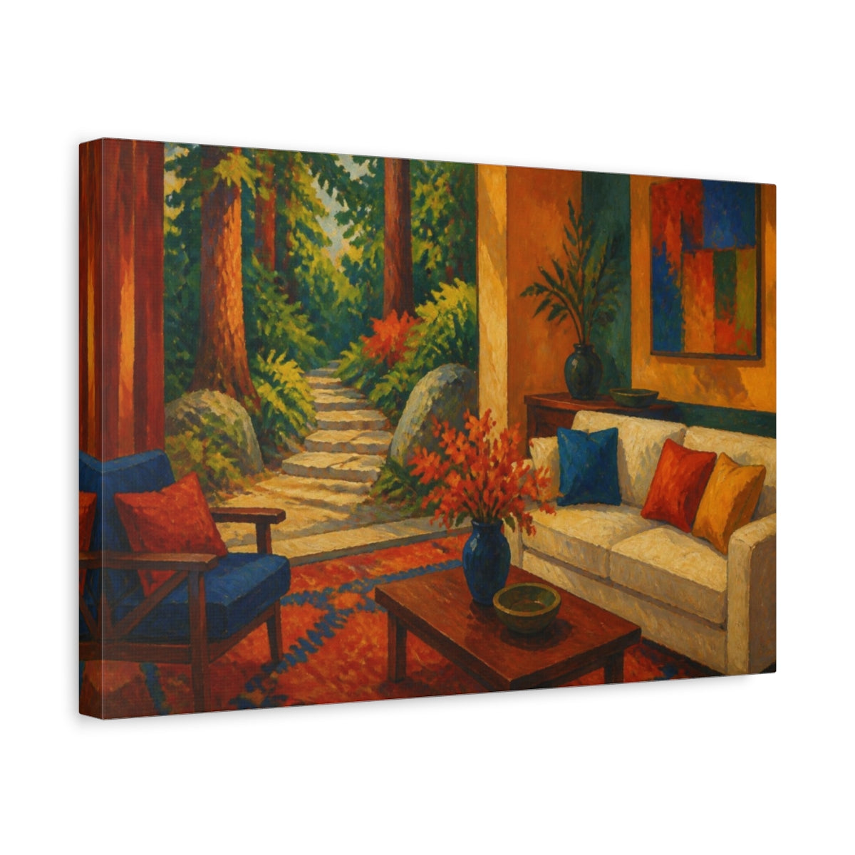 Side Mockup 4. Living Room Forest Path shown as canvas print