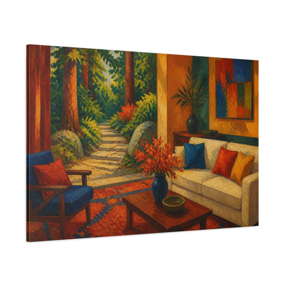 Side Mockup 1. Living Room Forest Path shown as canvas print