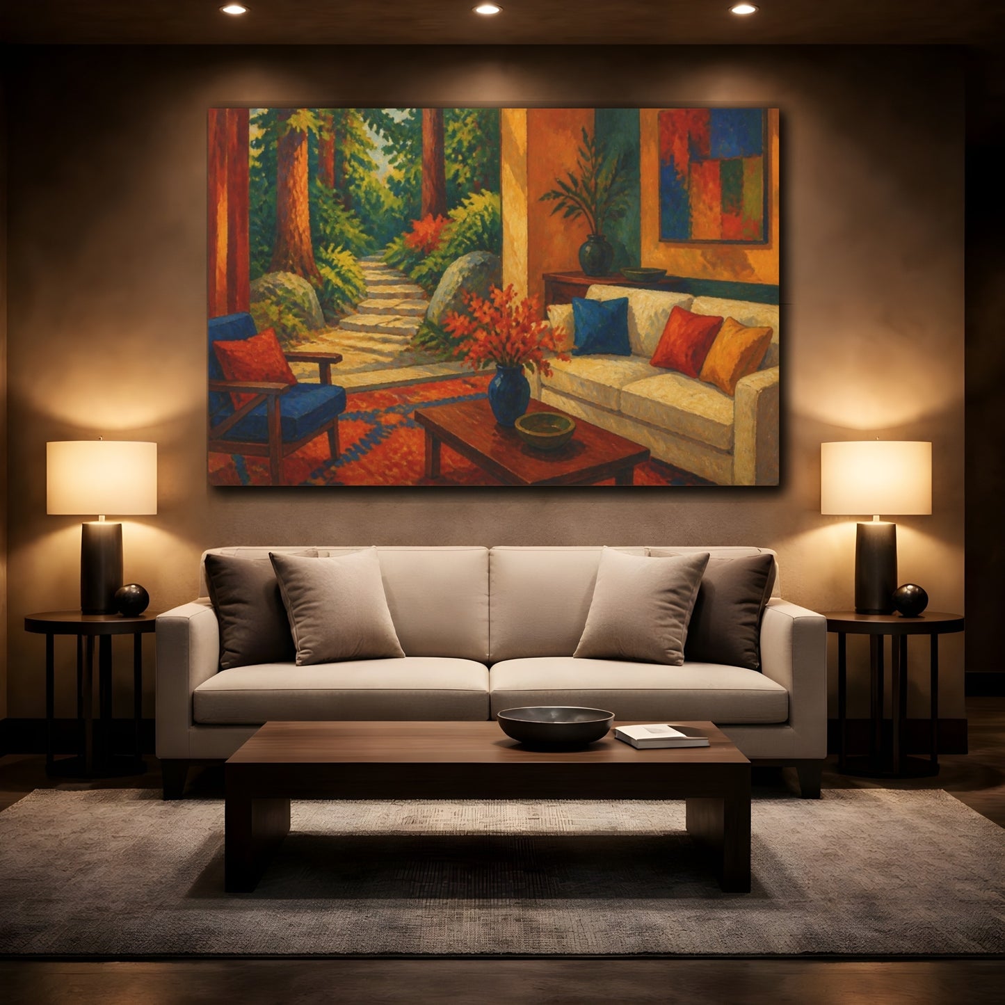 Mockup 2. Living Room Forest Path shown as canvas print