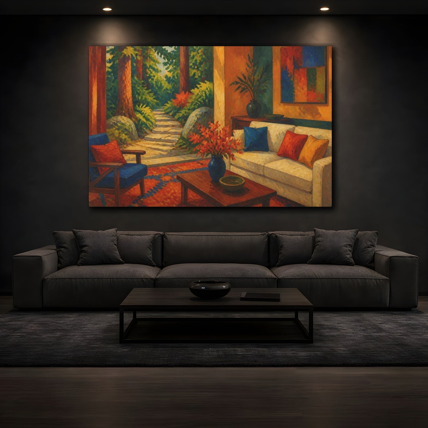 Mockup 3. Living Room Forest Path shown as canvas print