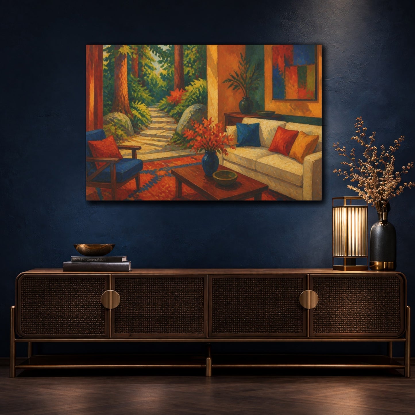 Mockup 4. Living Room Forest Path shown as canvas print