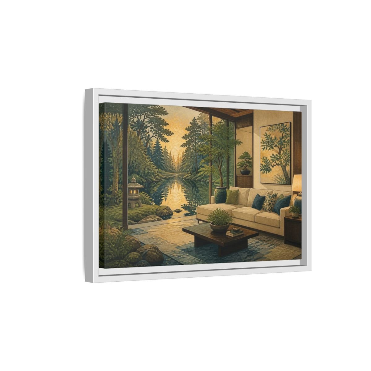 Living Room Forest Pond Retreat Framed Canvas Print – Above Console Table, Moss Green, Ink Blue, Warm Gold - YesArtYes