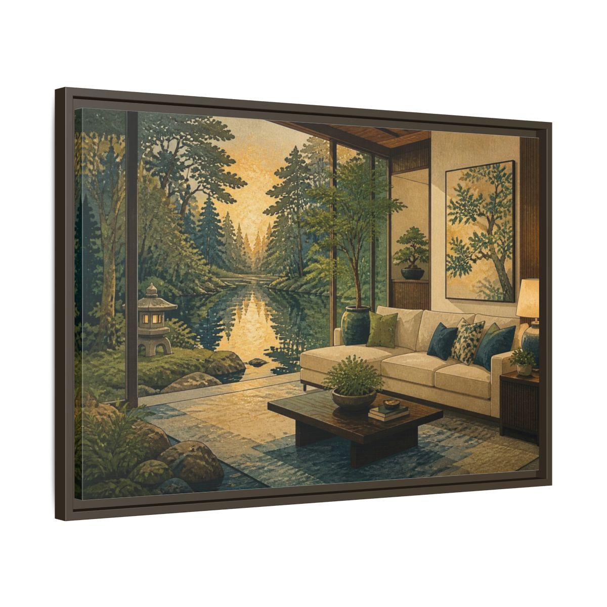 Living Room Forest Pond Retreat Framed Canvas Print – Above Console Table, Moss Green, Ink Blue, Warm Gold - YesArtYes