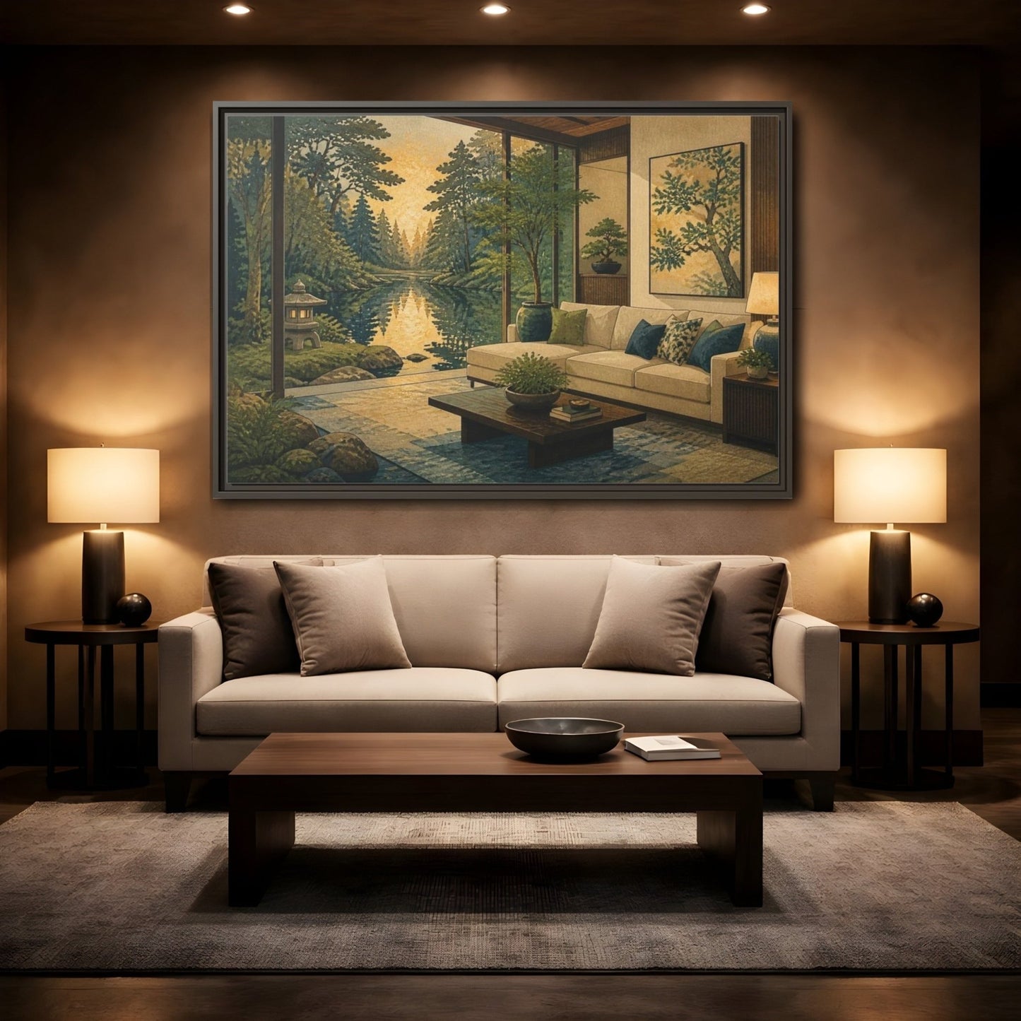 Living Room Forest Pond Retreat Framed Canvas Print – Above Console Table, Moss Green, Ink Blue, Warm Gold - YesArtYes