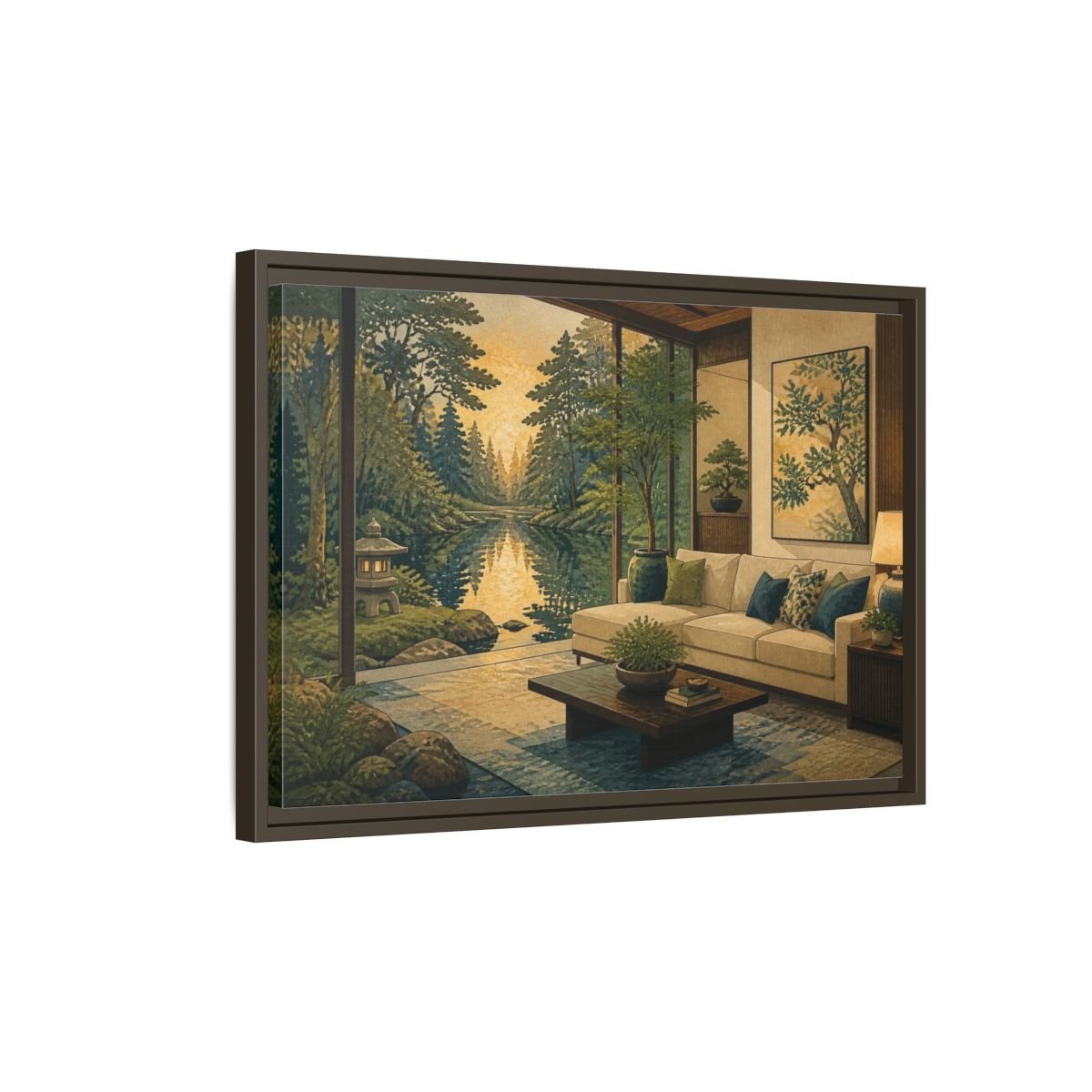 Living Room Forest Pond Retreat Framed Canvas Print – Above Console Table, Moss Green, Ink Blue, Warm Gold - YesArtYes