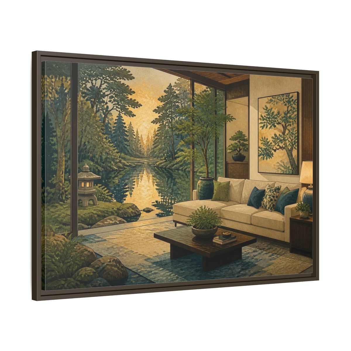 Living Room Forest Pond Retreat Framed Canvas Print – Above Console Table, Moss Green, Ink Blue, Warm Gold - YesArtYes