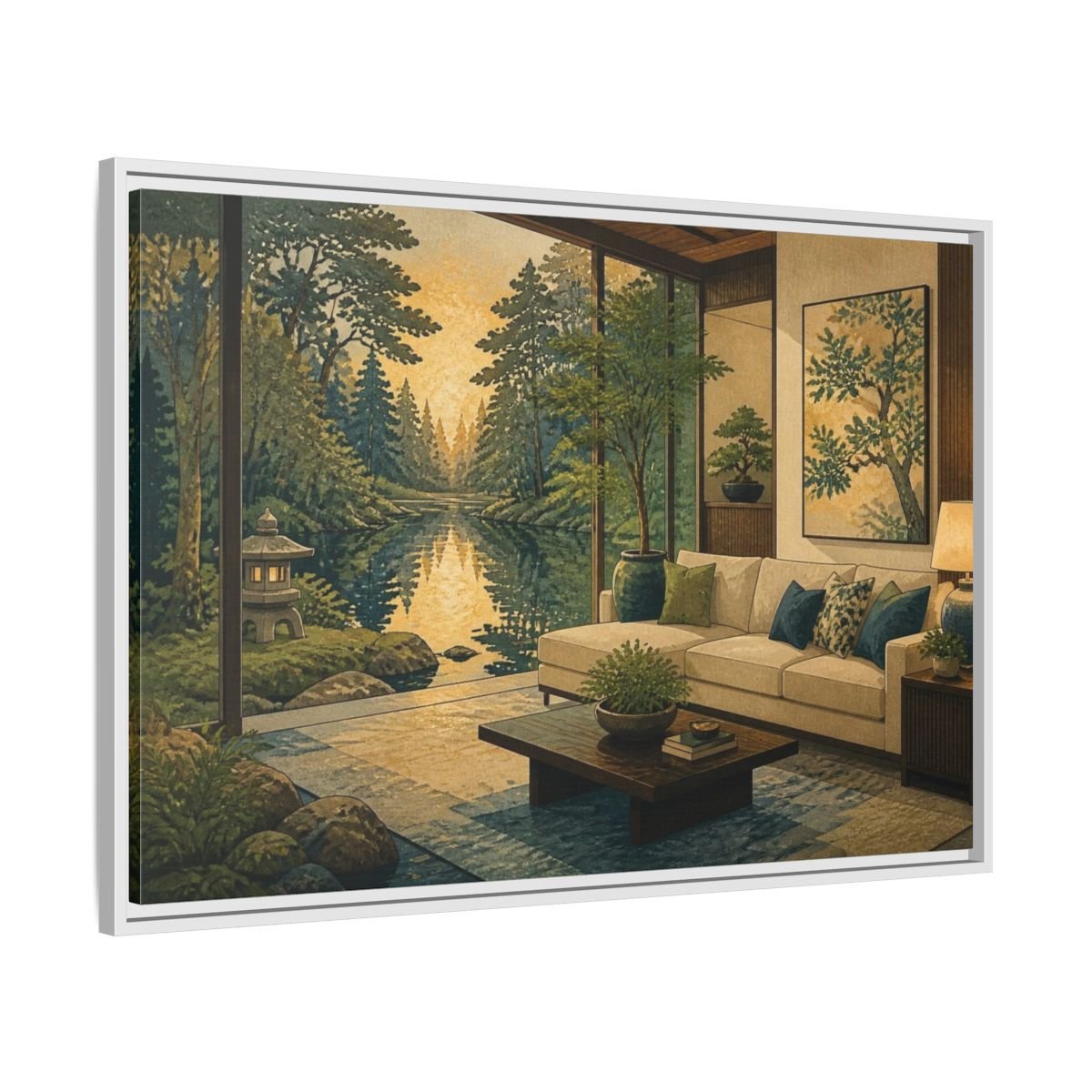 Living Room Forest Pond Retreat Framed Canvas Print – Above Console Table, Moss Green, Ink Blue, Warm Gold - YesArtYes