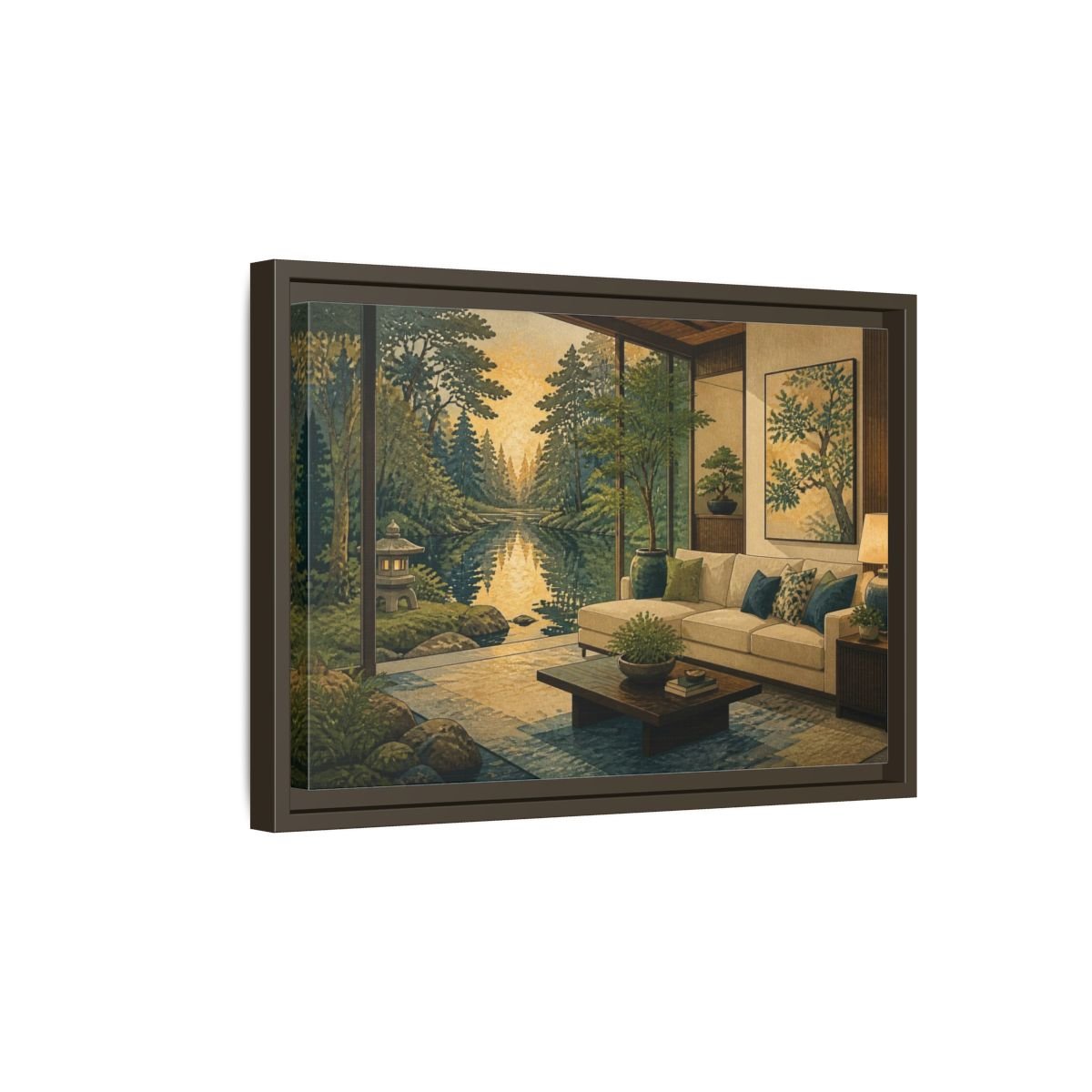 Living Room Forest Pond Retreat Framed Canvas Print – Above Console Table, Moss Green, Ink Blue, Warm Gold - YesArtYes