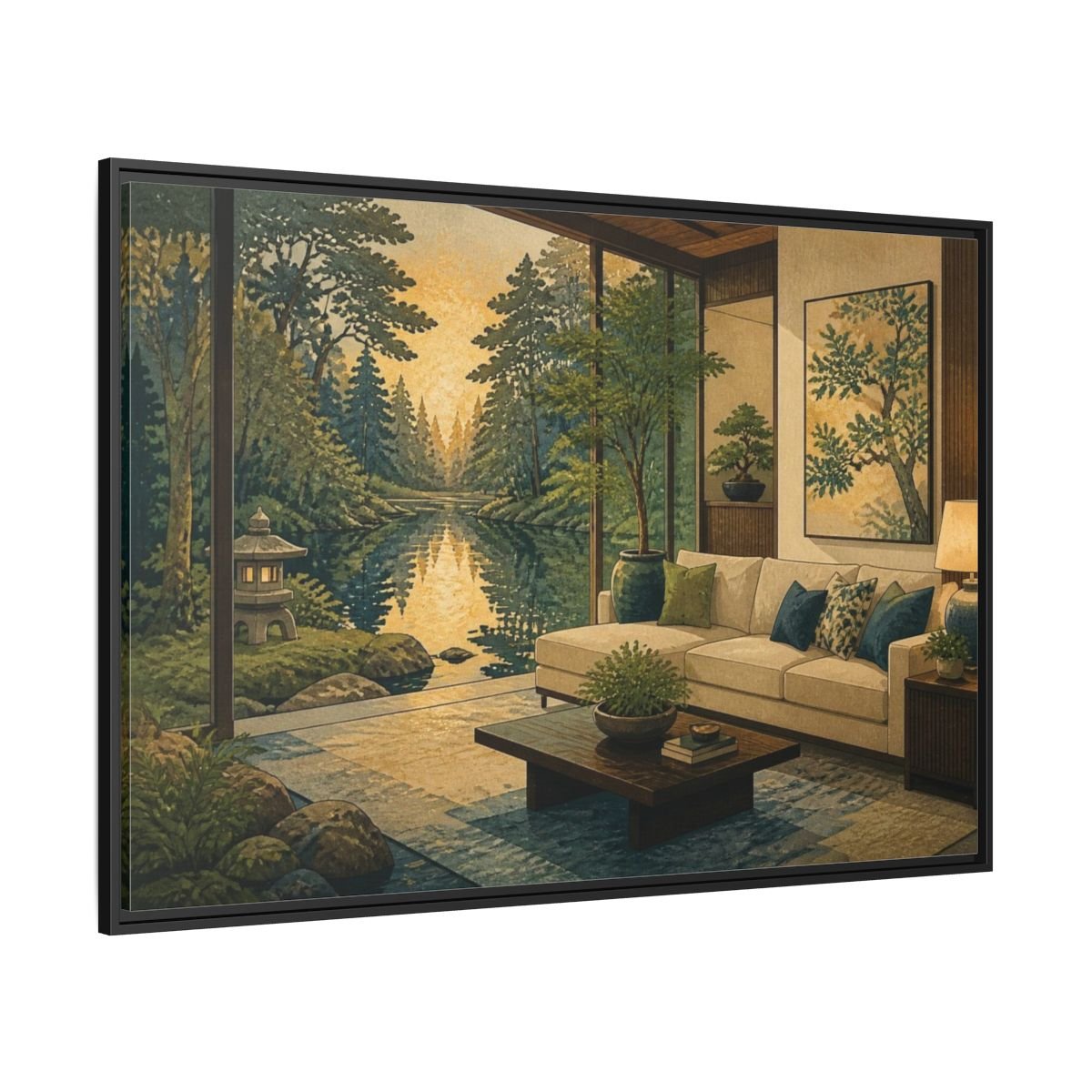Living Room Forest Pond Retreat Framed Canvas Print – Above Console Table, Moss Green, Ink Blue, Warm Gold - YesArtYes