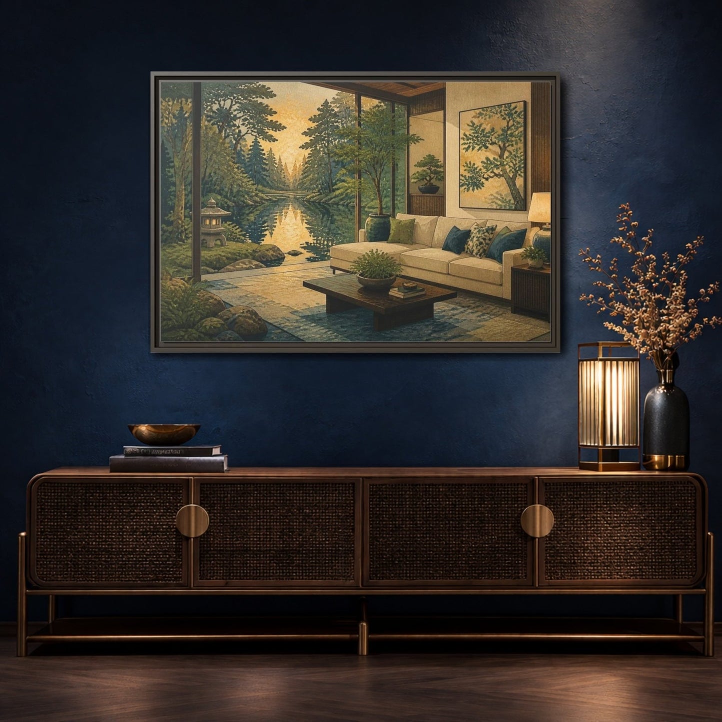 Living Room Forest Pond Retreat Framed Canvas Print – Above Console Table, Moss Green, Ink Blue, Warm Gold - YesArtYes