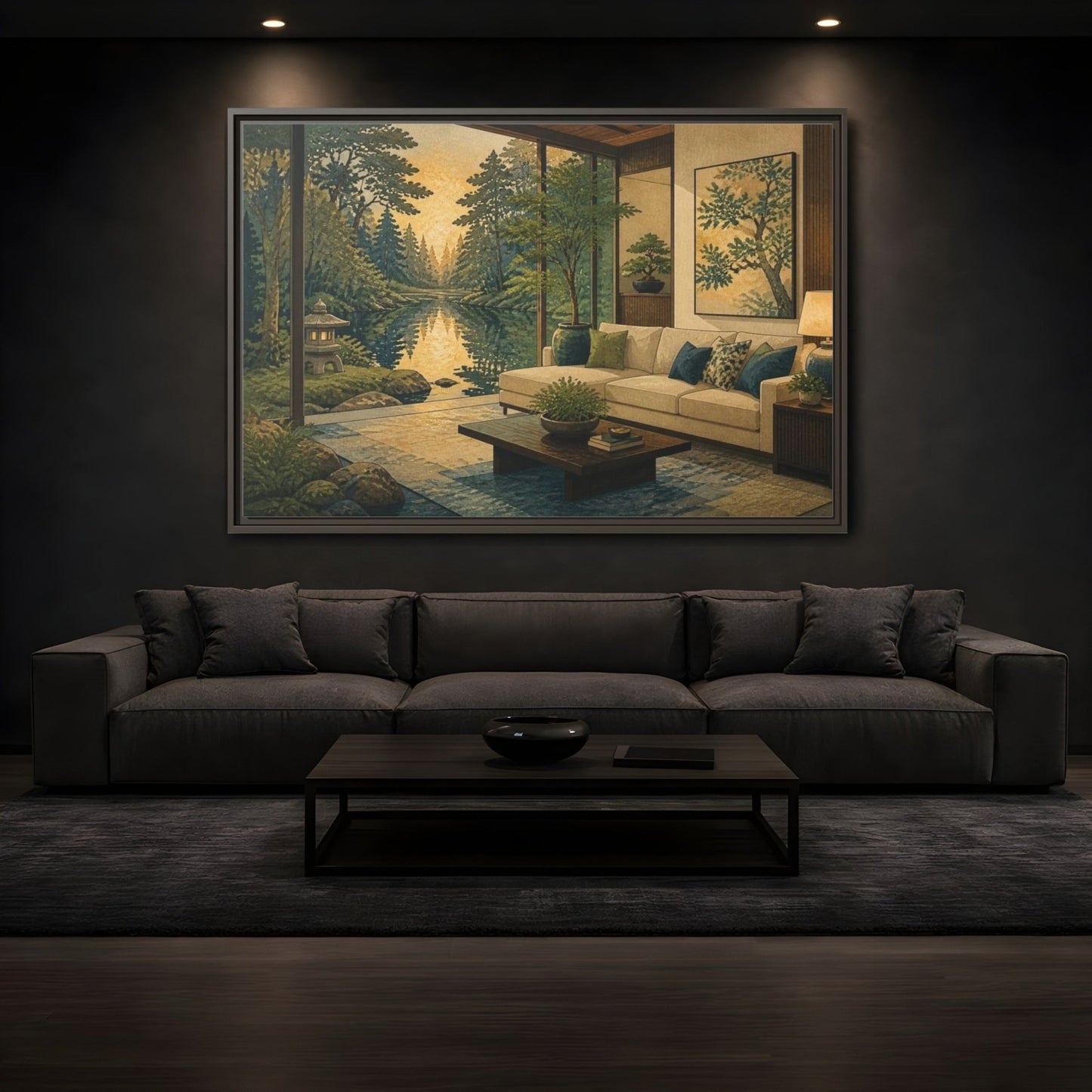 Living Room Forest Pond Retreat Framed Canvas Print – Above Console Table, Moss Green, Ink Blue, Warm Gold - YesArtYes