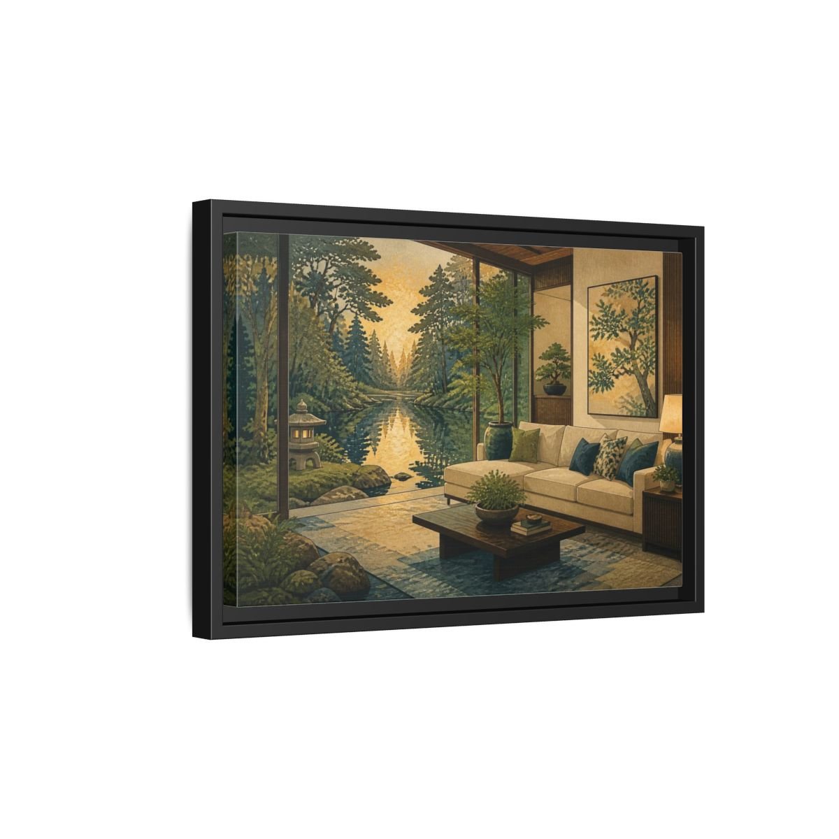 Living Room Forest Pond Retreat Framed Canvas Print – Above Console Table, Moss Green, Ink Blue, Warm Gold - YesArtYes
