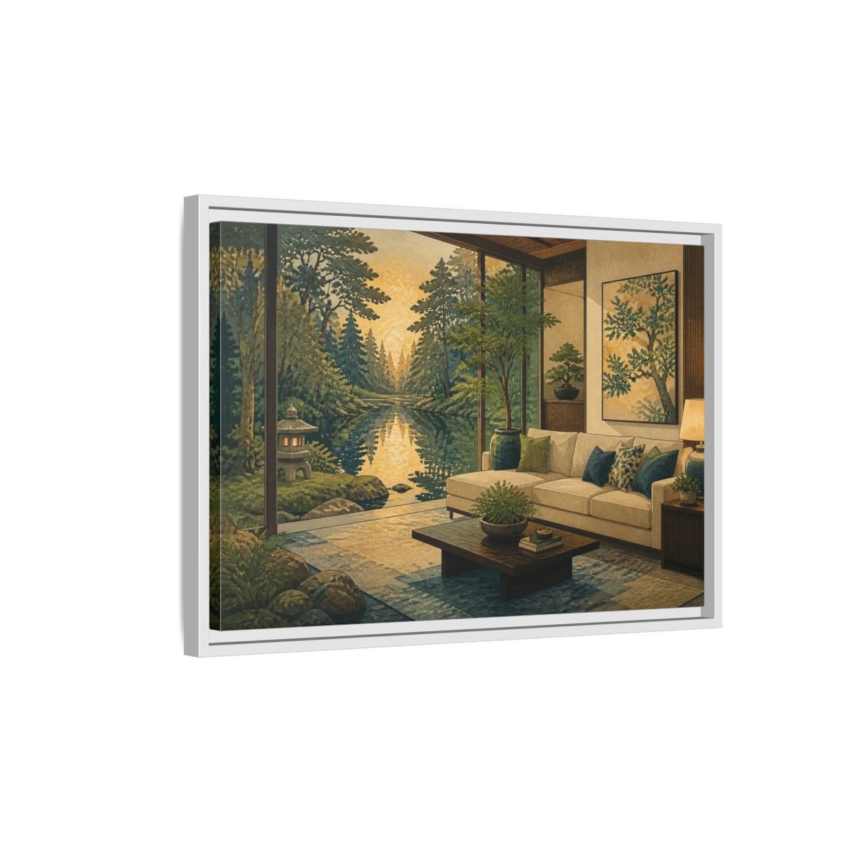 Living Room Forest Pond Retreat Framed Canvas Print – Above Console Table, Moss Green, Ink Blue, Warm Gold - YesArtYes