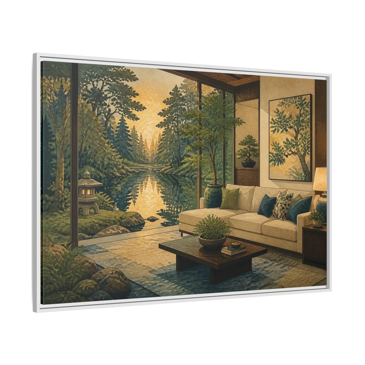 Living Room Forest Pond Retreat Framed Canvas Print – Above Console Table, Moss Green, Ink Blue, Warm Gold - YesArtYes